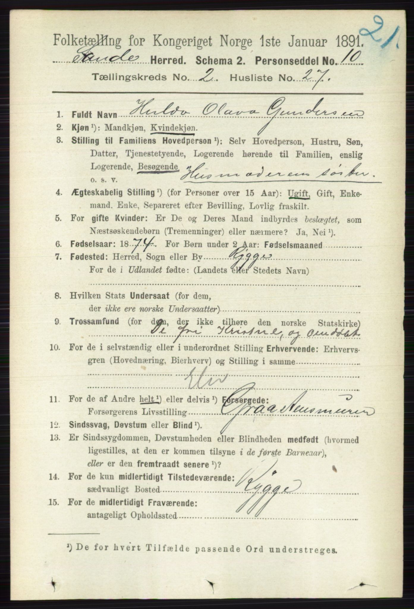 RA, 1891 census for 0713 Sande, 1891, p. 740