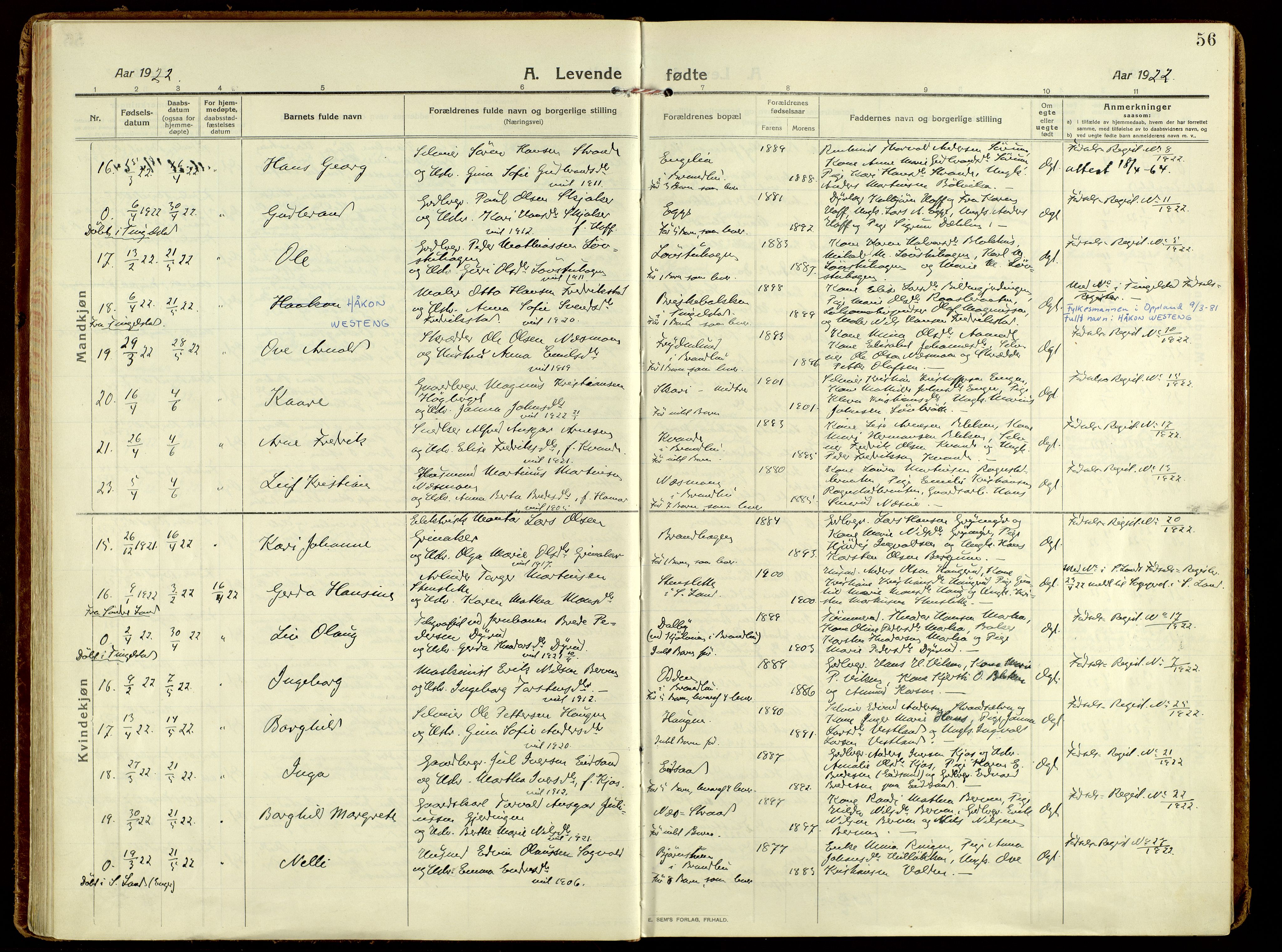 Brandbu prestekontor, AV/SAH-PREST-114/H/Ha/Haa/L0004: Parish register (official) no. 4, 1913-1923, p. 56