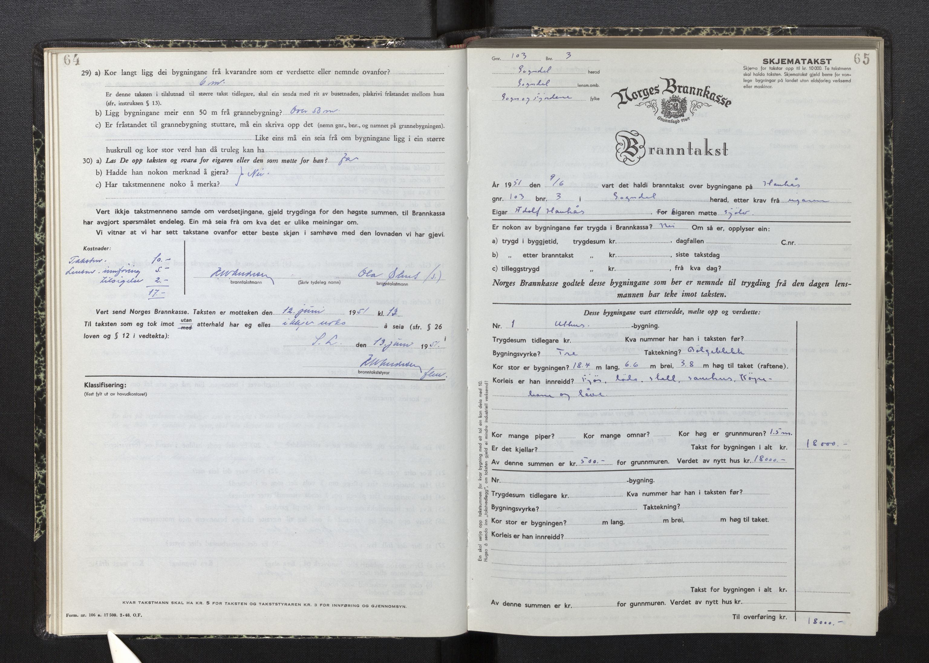 Lensmannen i Sogndal, AV/SAB-A-29901/0012/L0015: Branntakstprotokoll, skjematakst, 1950-1955, p. 64-65