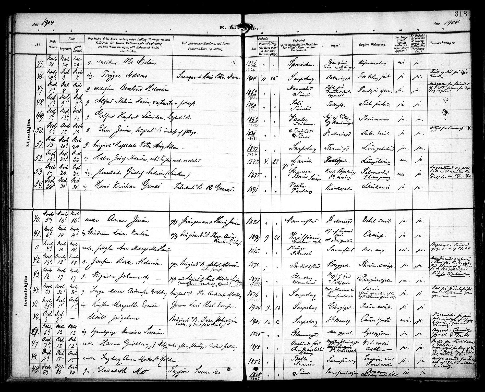 Sarpsborg prestekontor Kirkebøker, AV/SAO-A-2006/F/Fa/L0006: Parish register (official) no. 6, 1900-1909, p. 318