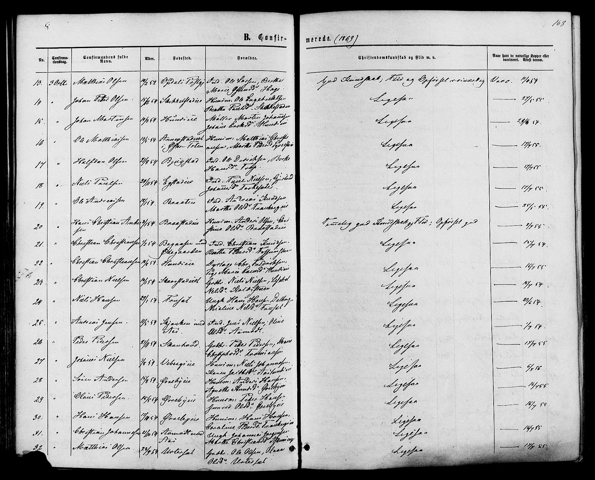 Vardal prestekontor, SAH/PREST-100/H/Ha/Haa/L0007: Parish register (official) no. 7, 1867-1878, p. 168