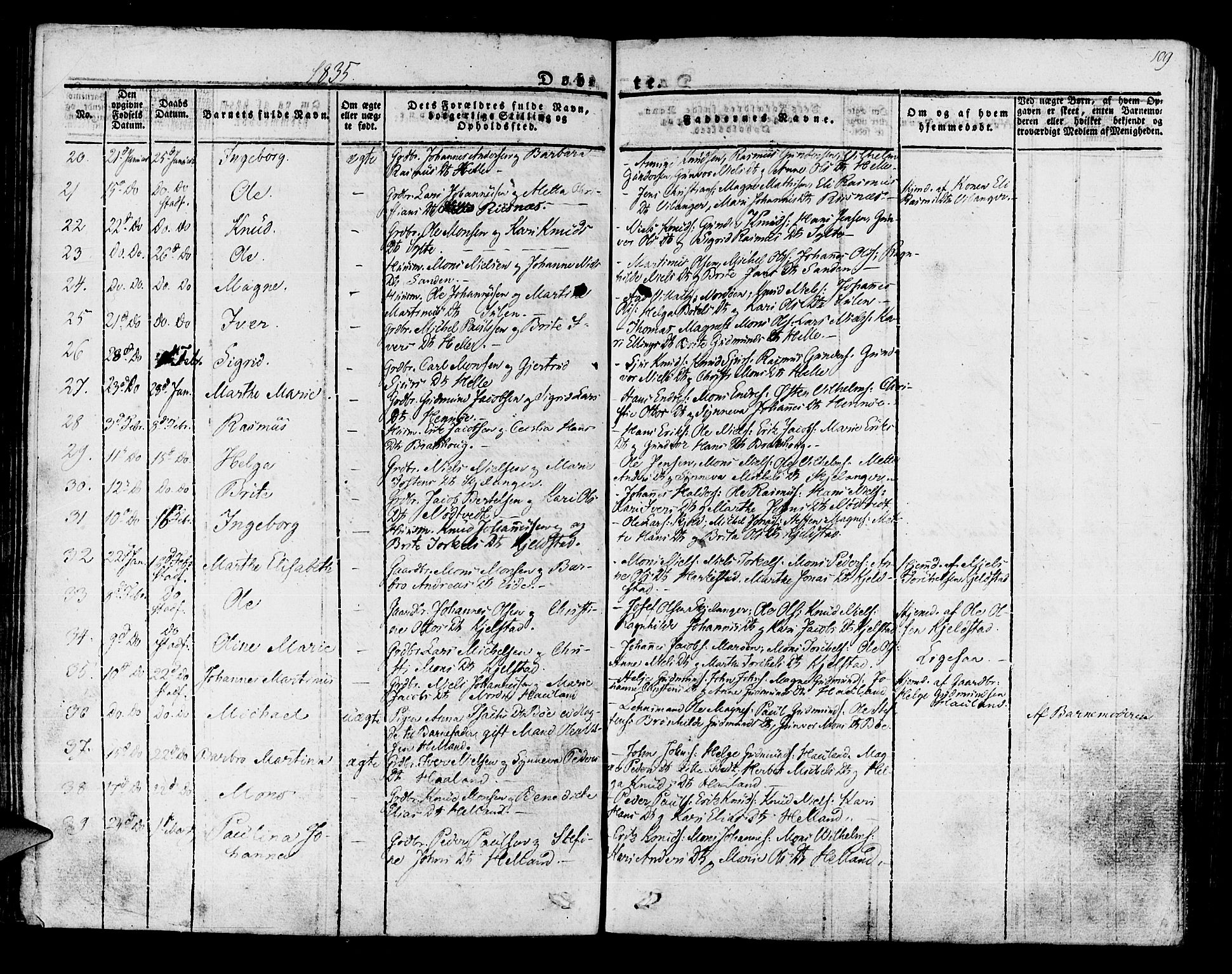 Manger sokneprestembete, AV/SAB-A-76801/H/Haa: Parish register (official) no. A 4, 1824-1838, p. 109