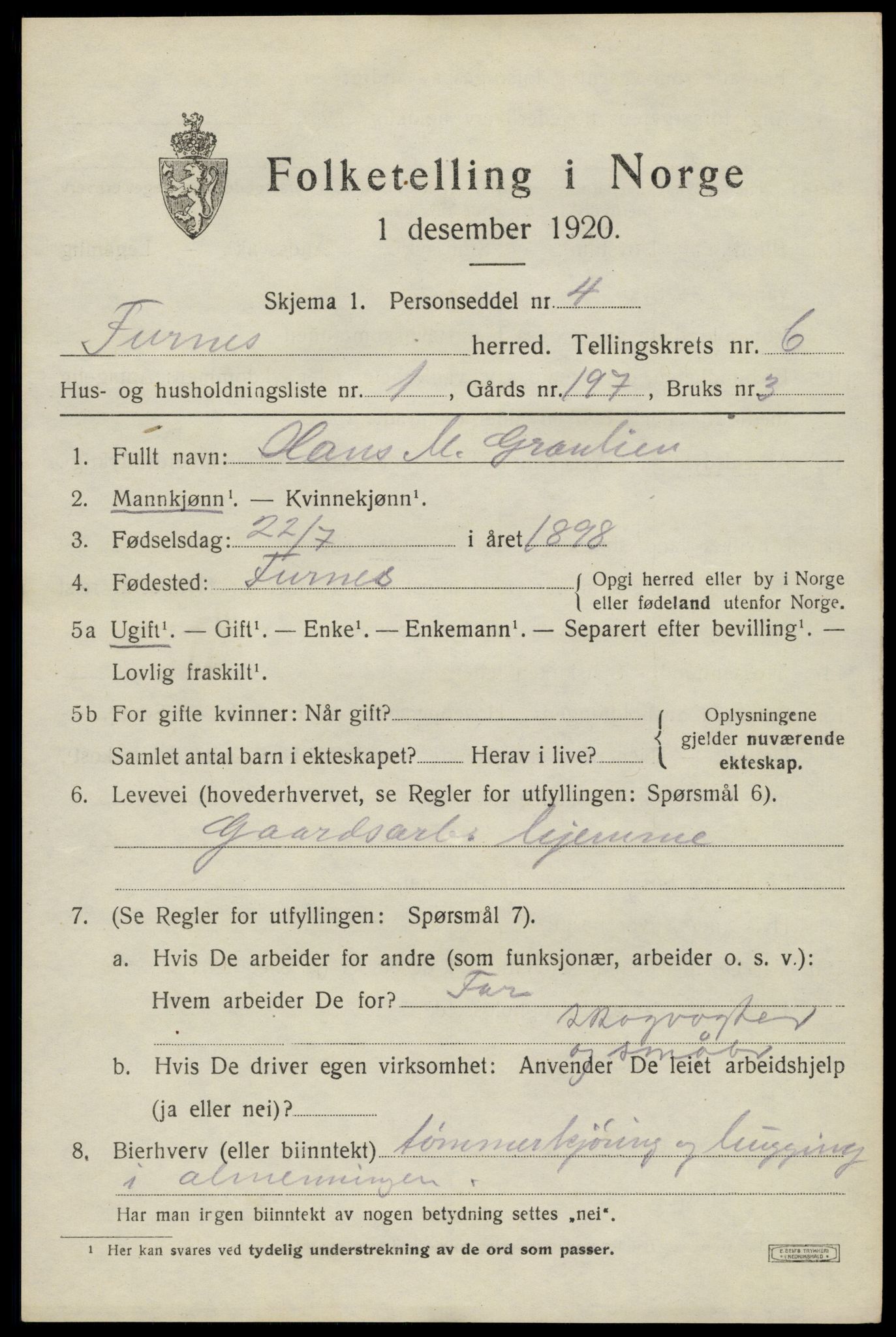 SAH, 1920 census for Furnes, 1920, p. 9621