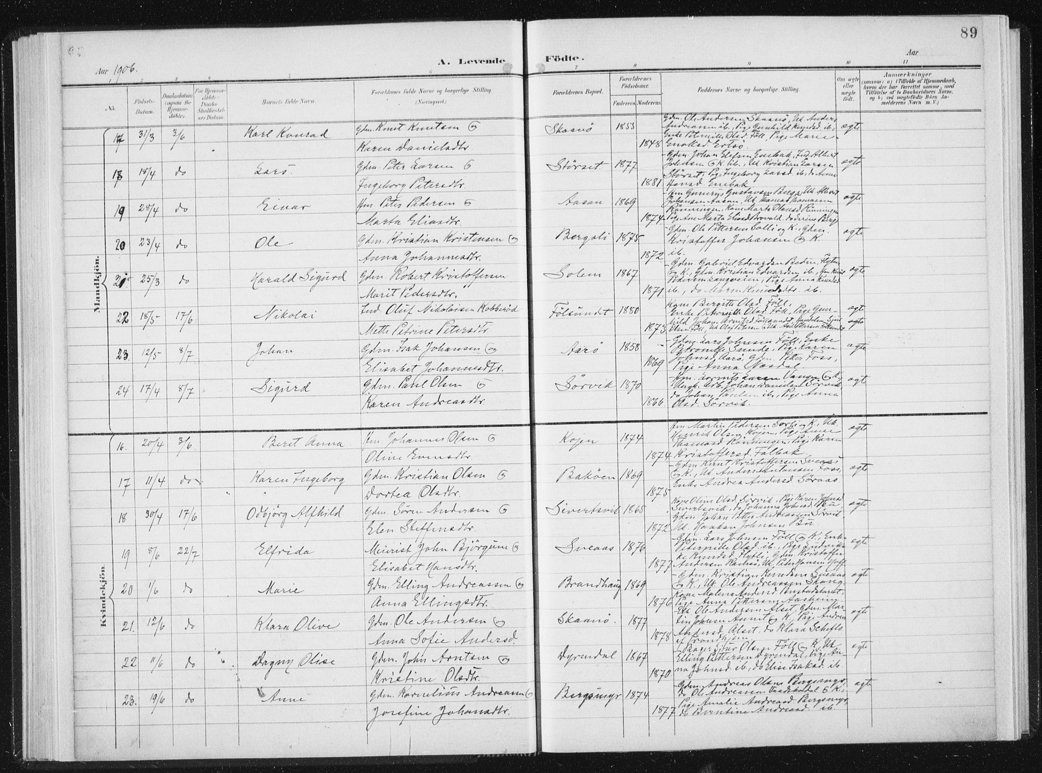 Ministerialprotokoller, klokkerbøker og fødselsregistre - Sør-Trøndelag, AV/SAT-A-1456/647/L0635: Parish register (official) no. 647A02, 1896-1911, p. 89