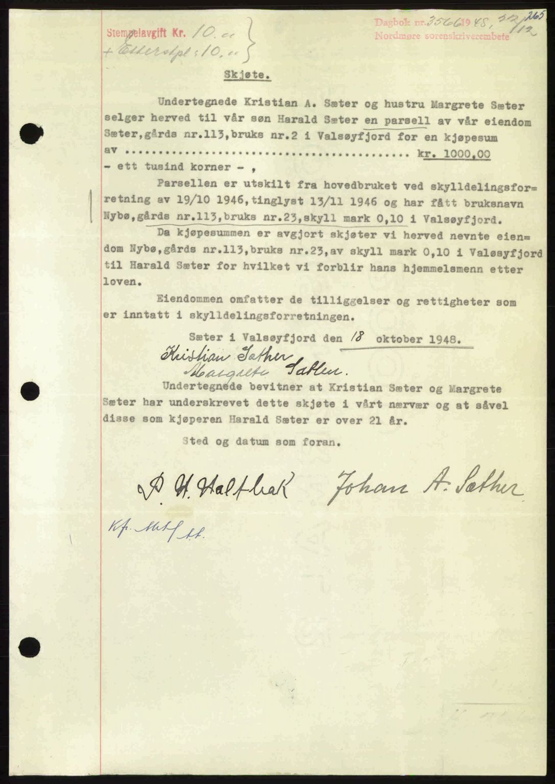 Nordmøre sorenskriveri, AV/SAT-A-4132/1/2/2Ca: Mortgage book no. A110, 1948-1949, Diary no: : 3566/1948