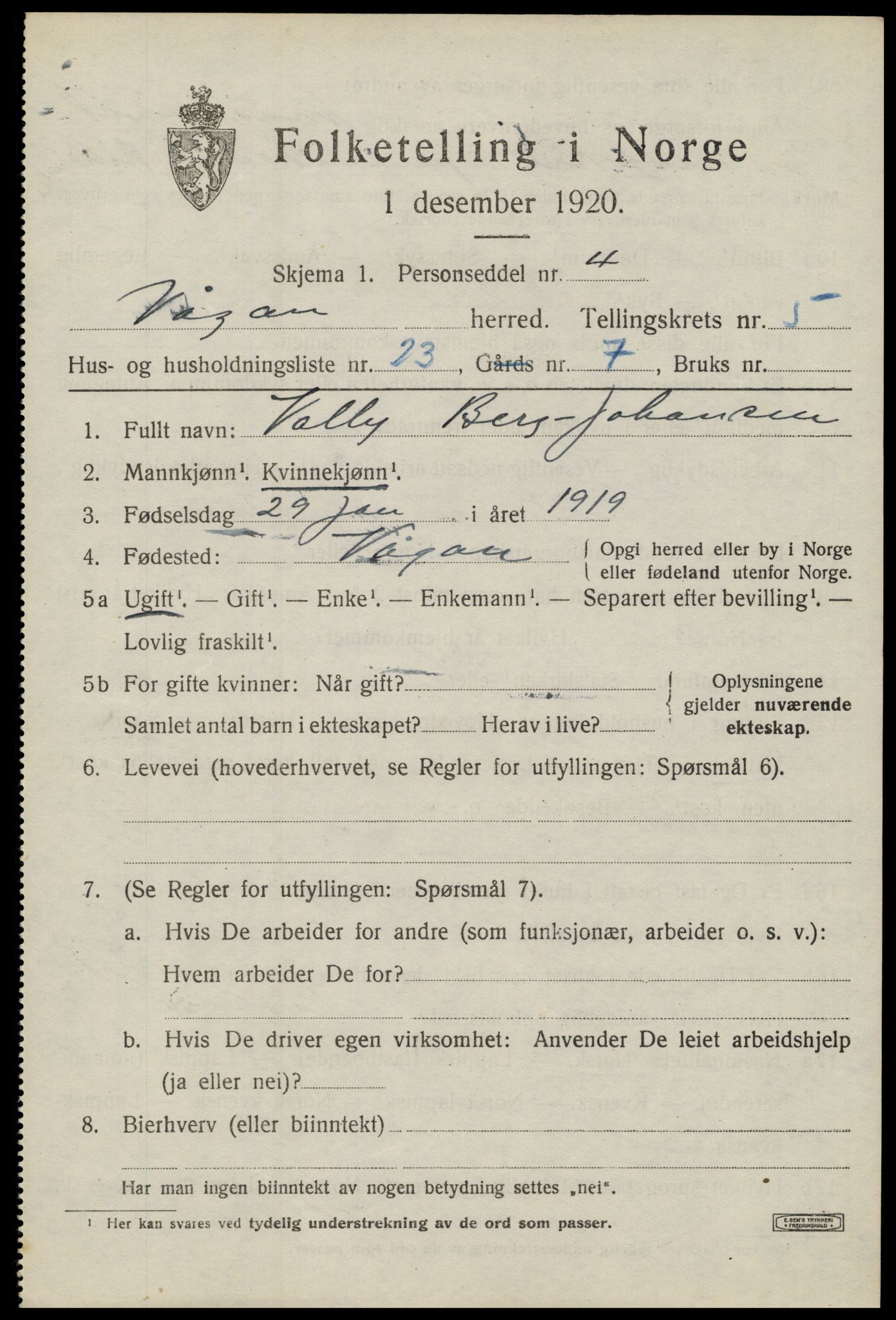 SAT, 1920 census for Vågan, 1920, p. 5427