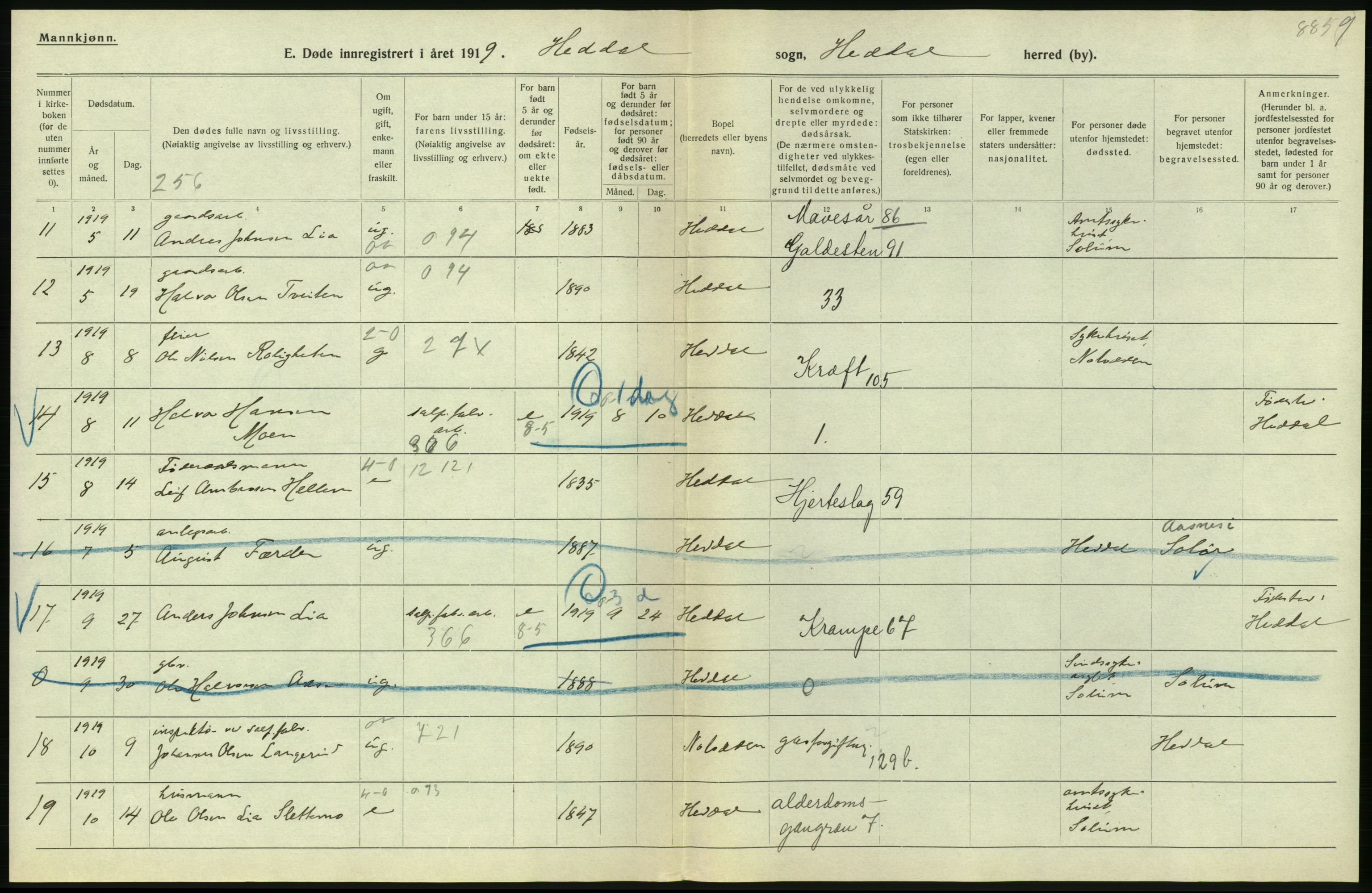 Statistisk sentralbyrå, Sosiodemografiske emner, Befolkning, AV/RA-S-2228/D/Df/Dfb/Dfbi/L0023: Telemark fylke: Døde. Bygder og byer., 1919, p. 110