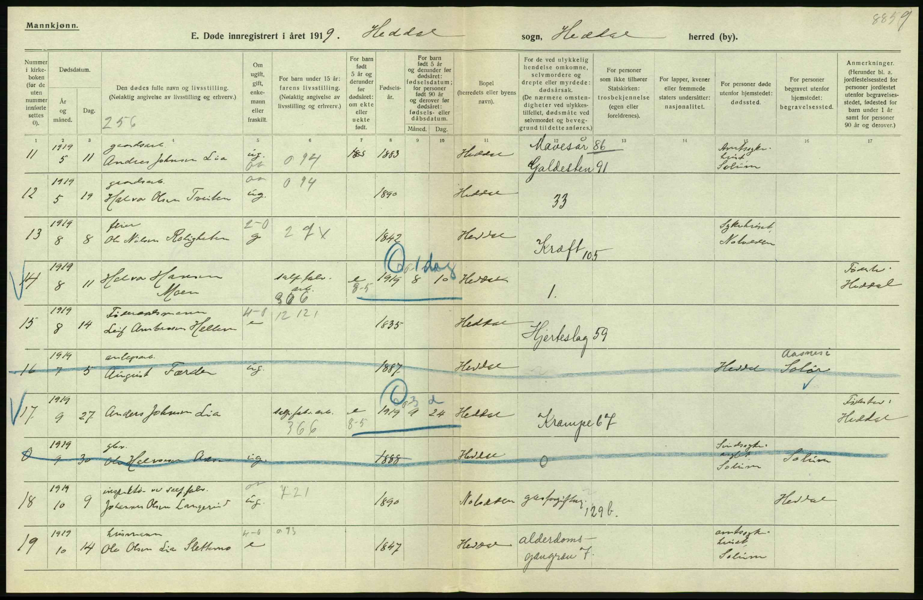 Statistisk sentralbyrå, Sosiodemografiske emner, Befolkning, RA/S-2228/D/Df/Dfb/Dfbi/L0023: Telemark fylke: Døde. Bygder og byer., 1919, p. 110