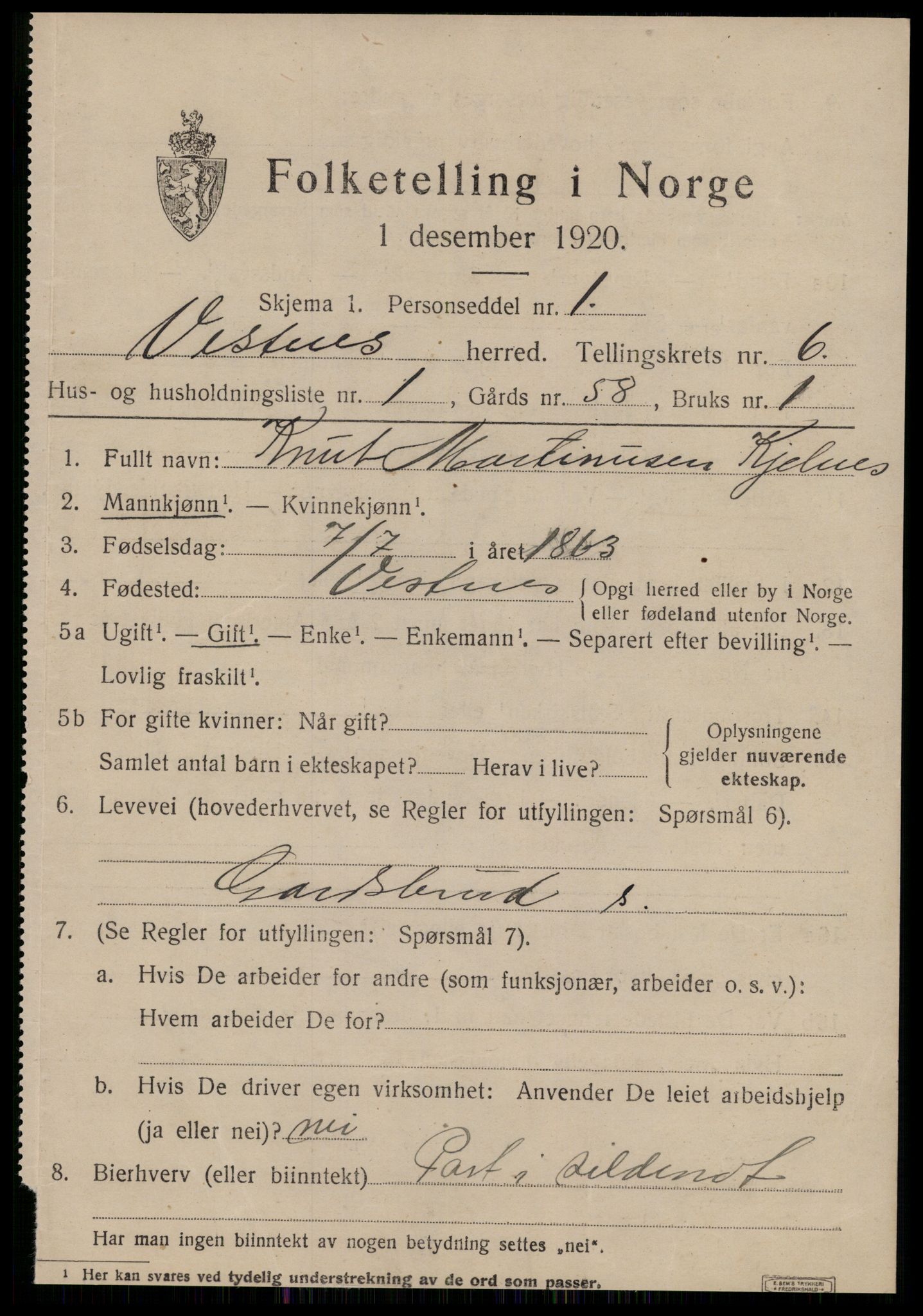 SAT, 1920 census for Vestnes, 1920, p. 4313