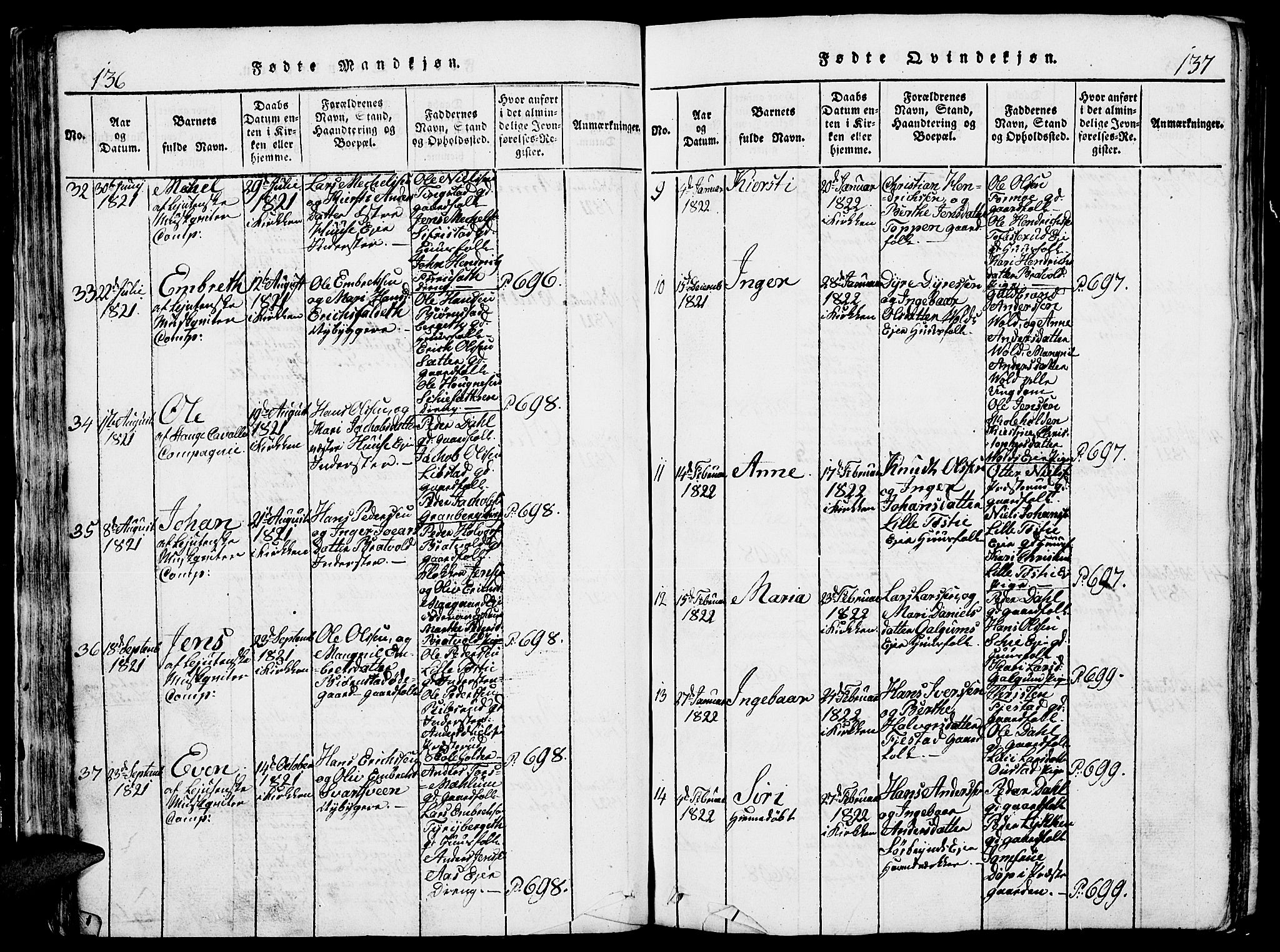 Romedal prestekontor, SAH/PREST-004/L/L0005: Parish register (copy) no. 5, 1814-1829, p. 136-137