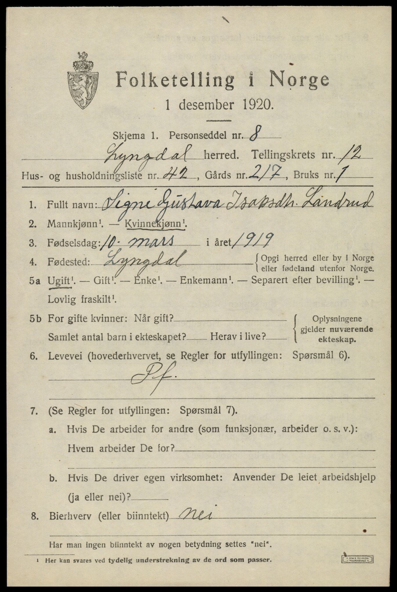 SAK, 1920 census for Lyngdal, 1920, p. 5825