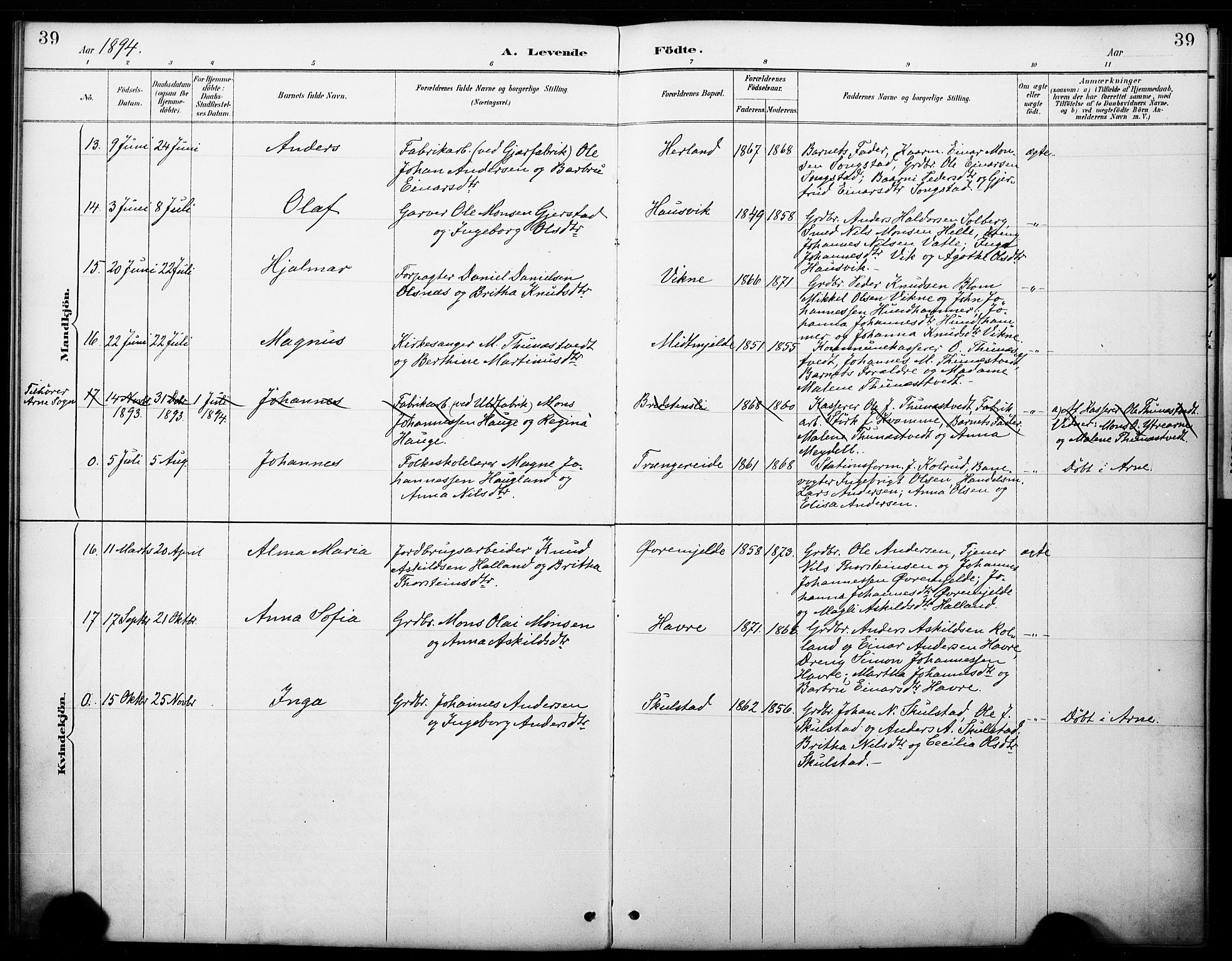 Haus sokneprestembete, AV/SAB-A-75601/H/Haa: Parish register (official) no. B 1, 1887-1898, p. 39