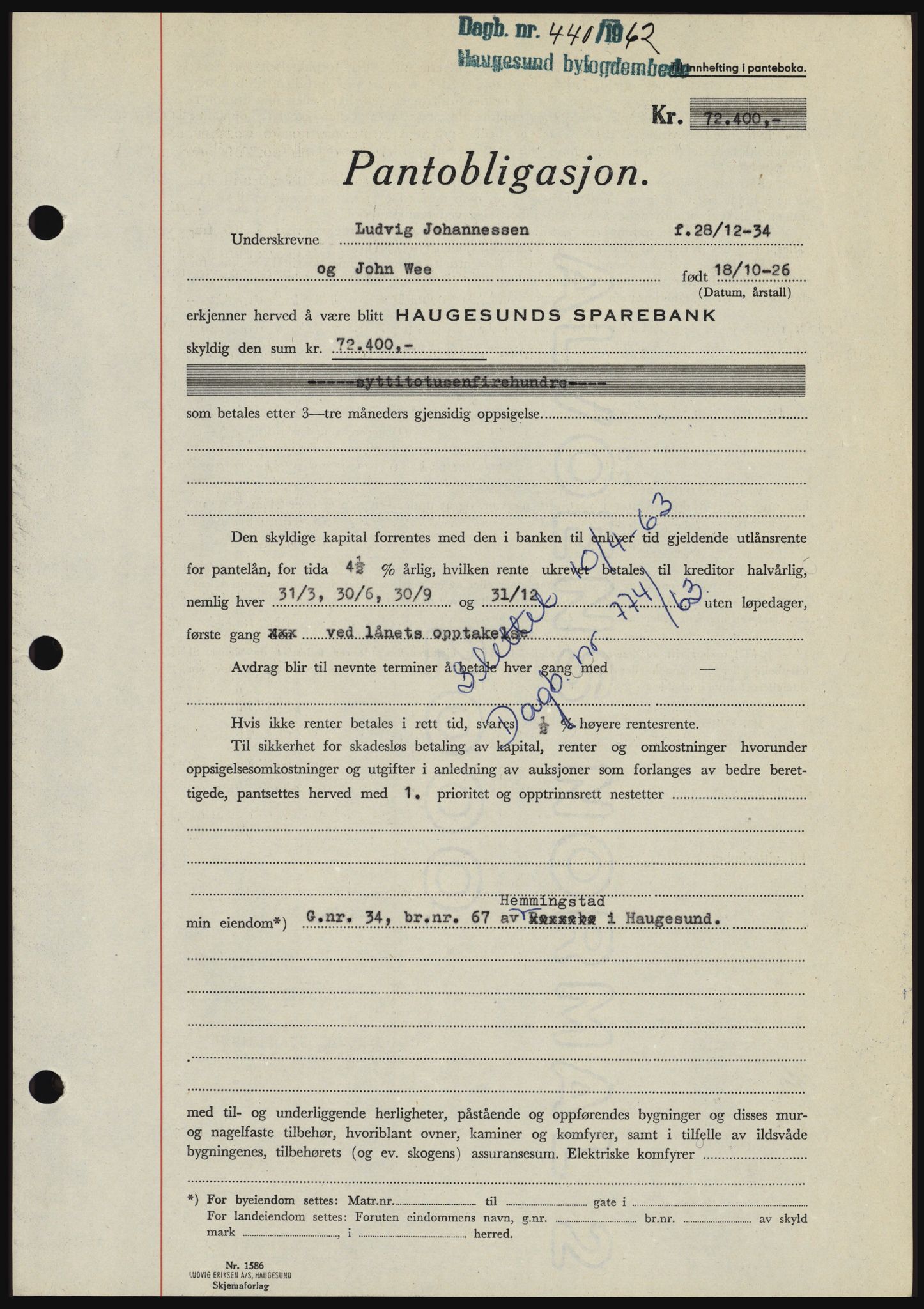 Haugesund tingrett, AV/SAST-A-101415/01/II/IIC/L0049: Mortgage book no. B 49, 1962-1962, Diary no: : 440/1962