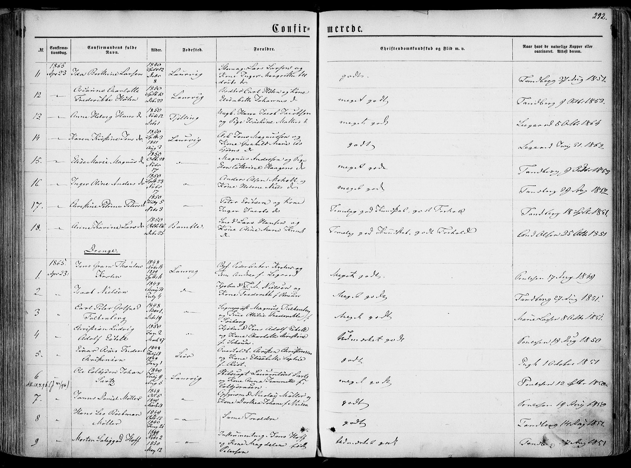 Larvik kirkebøker, AV/SAKO-A-352/F/Fa/L0004: Parish register (official) no. I 4, 1856-1870, p. 292