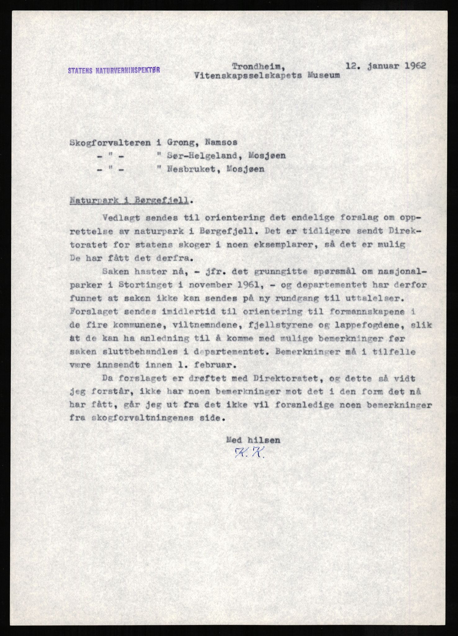 Statens naturverninspektør, AV/RA-S-2464/D/L0080: Nasjonalparker: Gressåmoen og Børgefjell, 1957-1982, p. 8