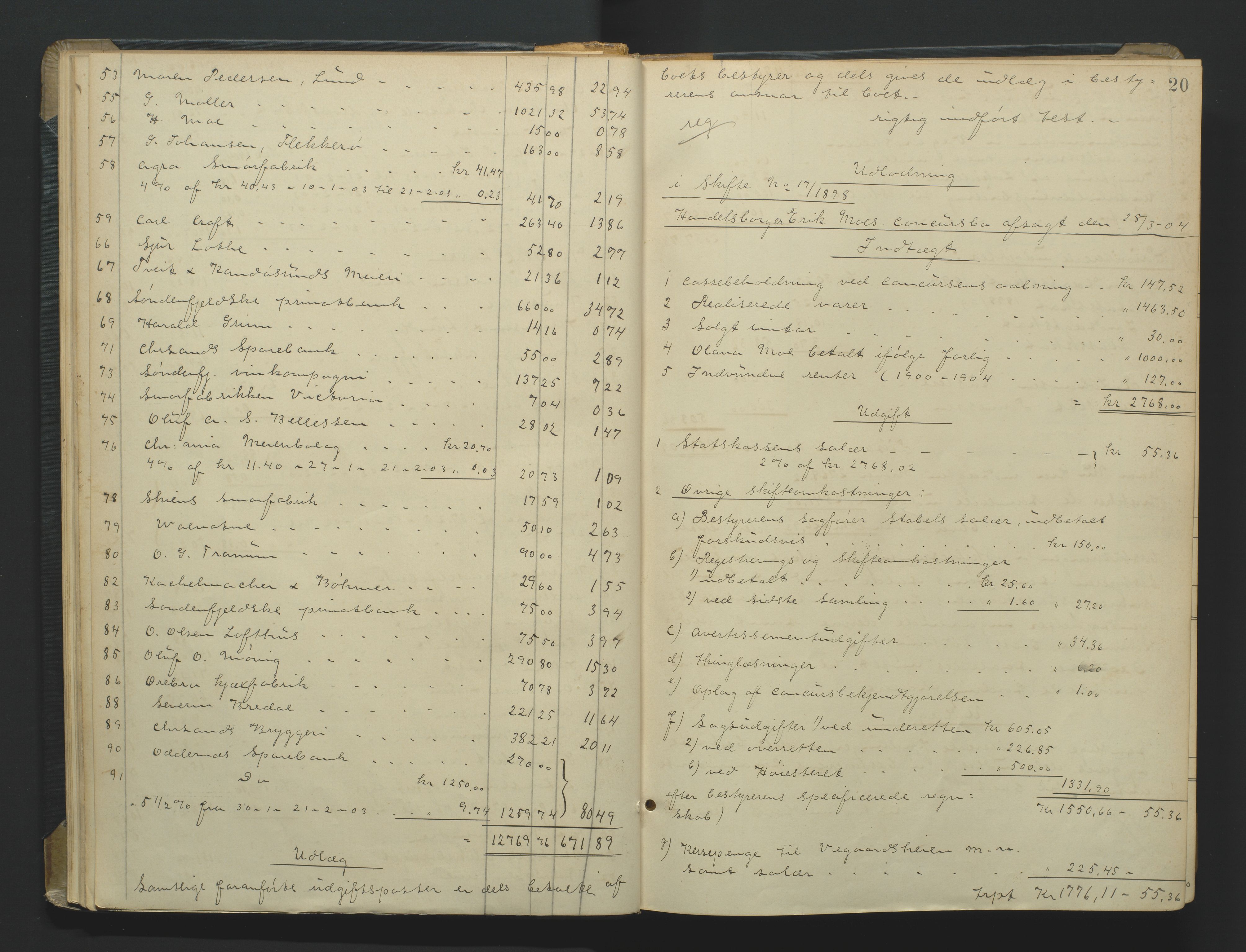 Kristiansand byrett, AV/SAK-1223-0001/H/Hc/L0060: Skifteutlodningsprotokoll nr. 6, med register, 1903-1916, p. 20