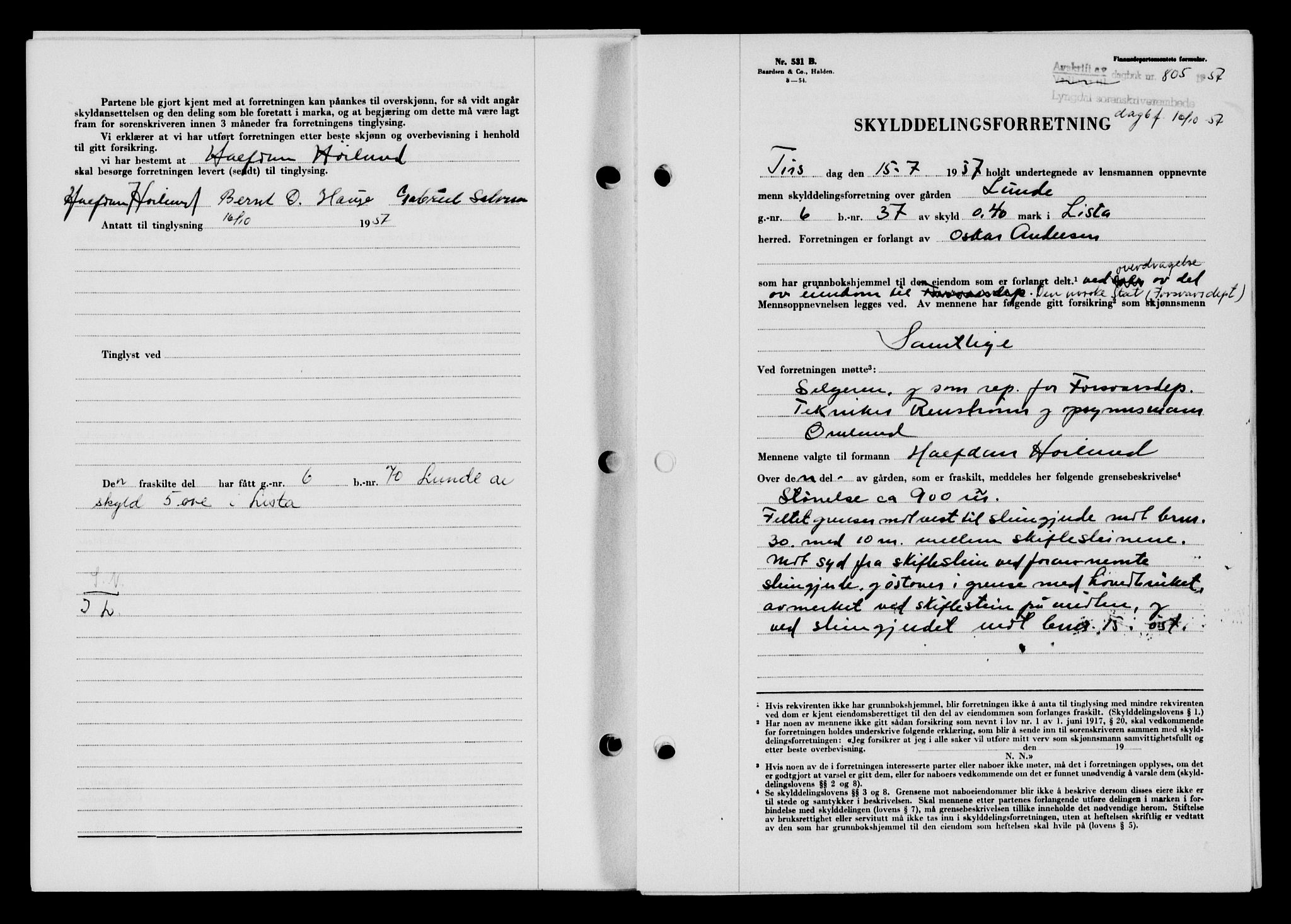 Lyngdal sorenskriveri, AV/SAK-1221-0004/G/Gb/L0676: Mortgage book no. A XXII, 1957-1957, Diary no: : 805/1957