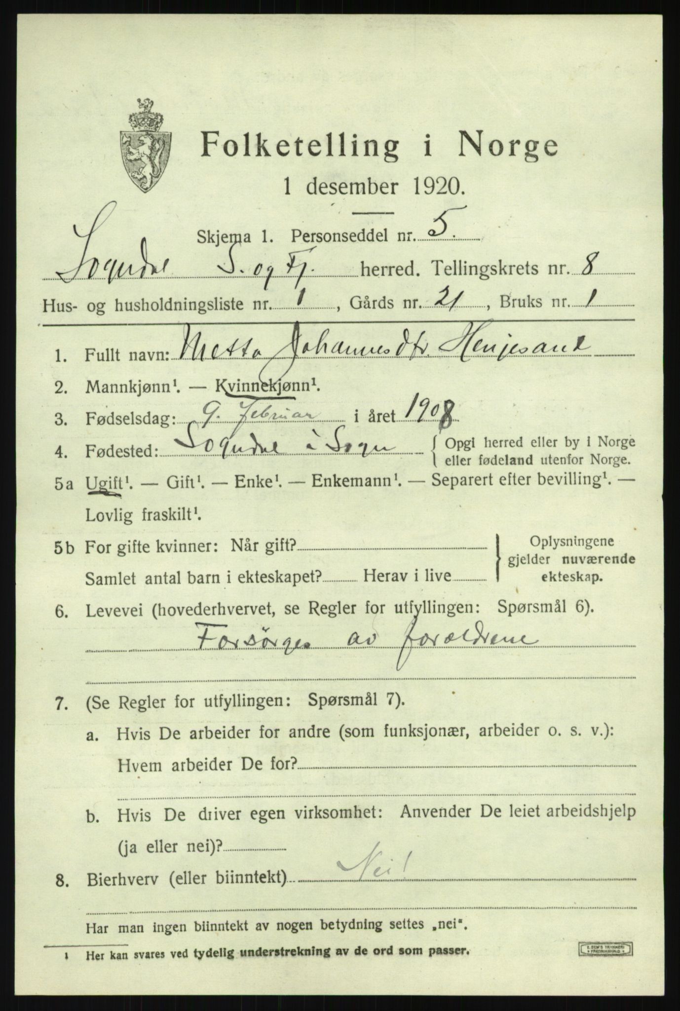 SAB, 1920 census for Sogndal, 1920, p. 3721