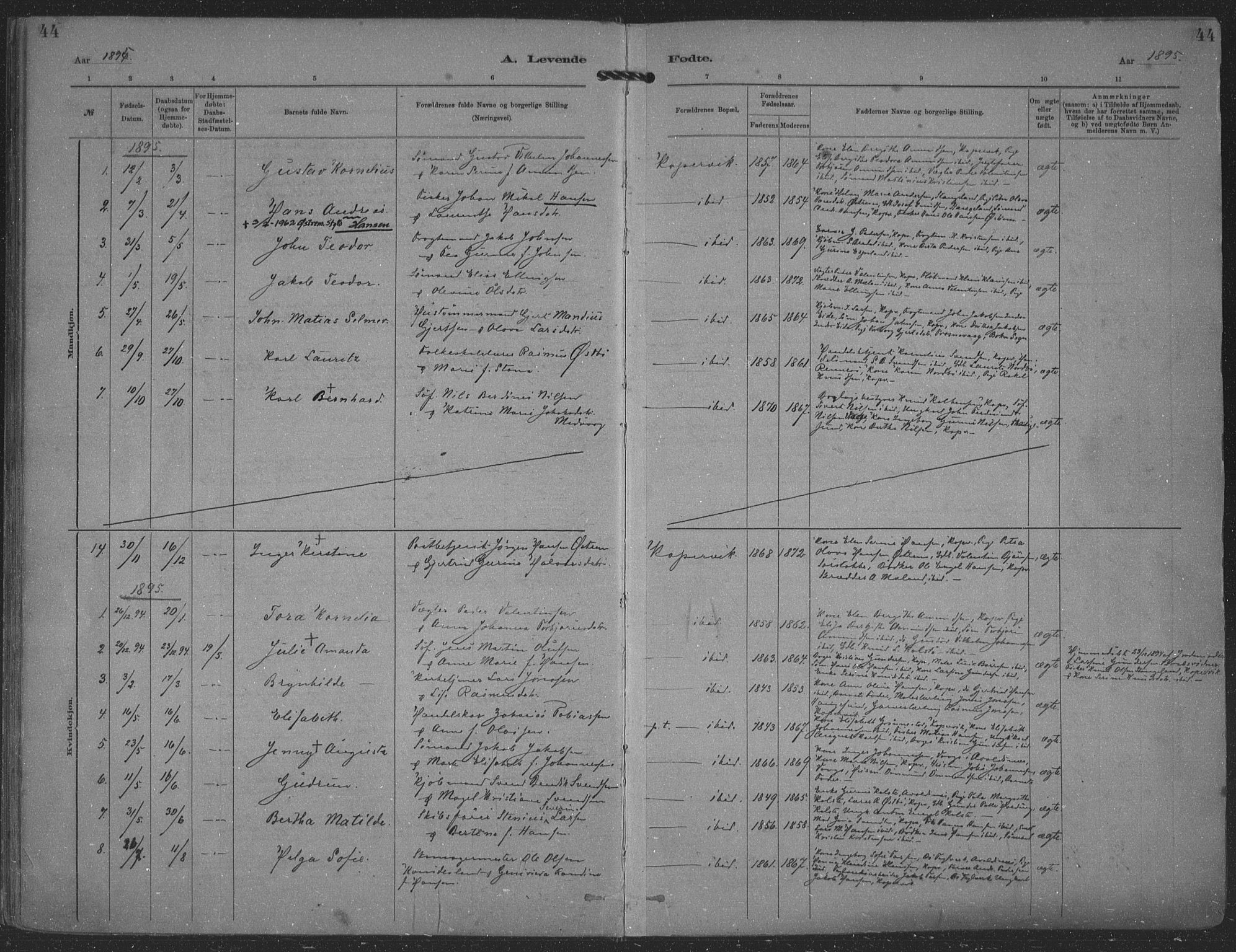 Kopervik sokneprestkontor, AV/SAST-A-101850/H/Ha/Haa/L0001: Parish register (official) no. A 1, 1880-1919, p. 44