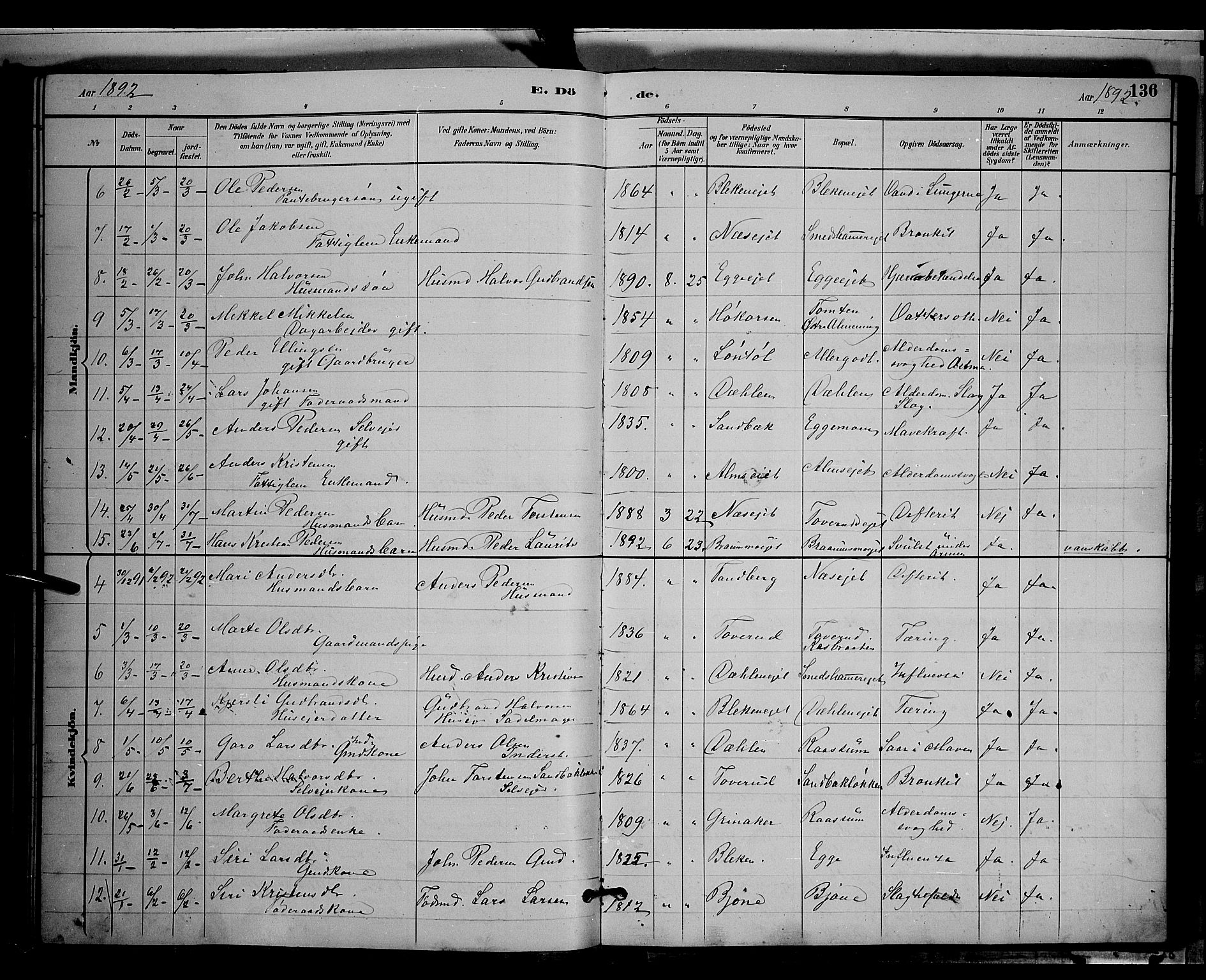 Gran prestekontor, AV/SAH-PREST-112/H/Ha/Hab/L0004: Parish register (copy) no. 4, 1890-1899, p. 136