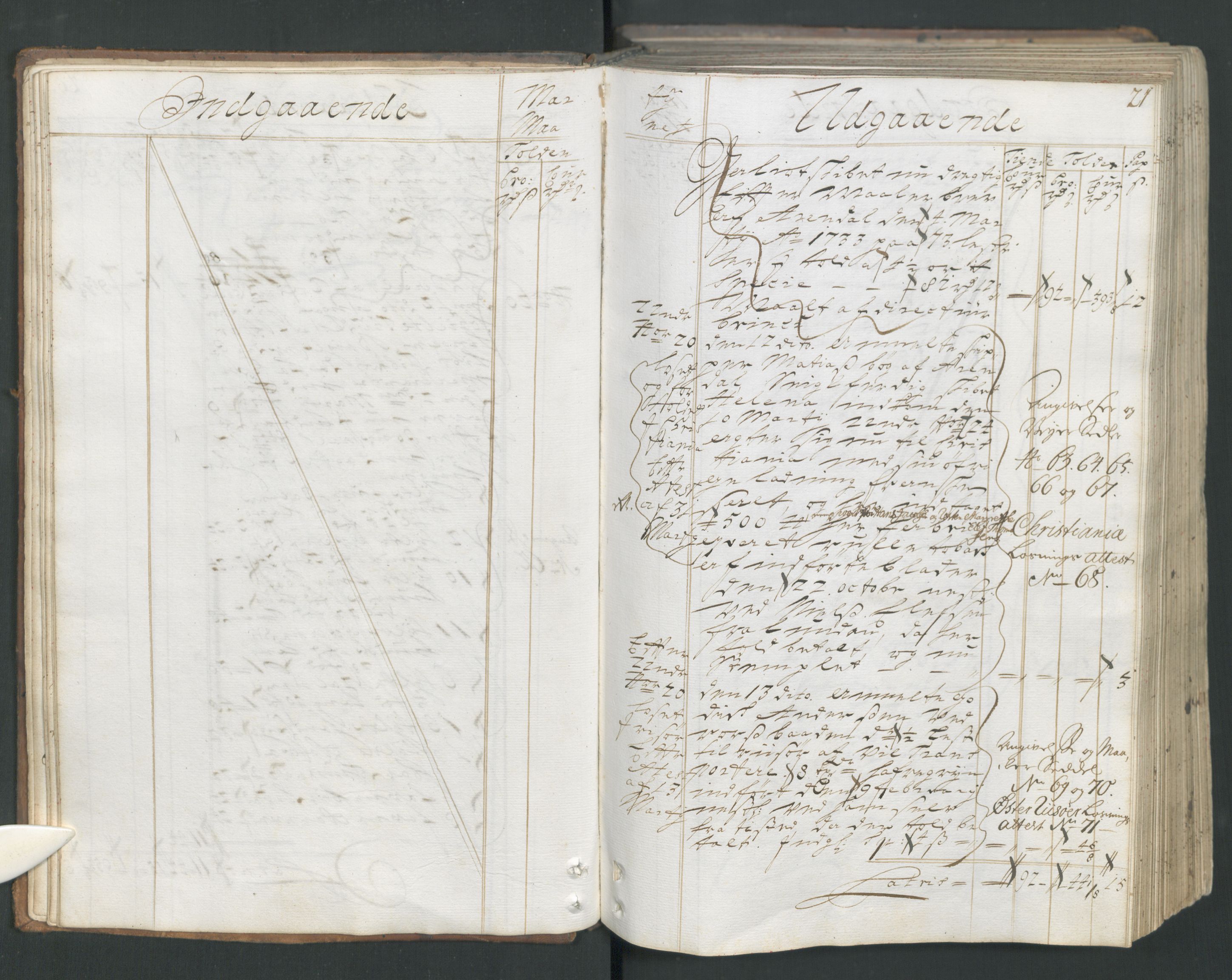 Generaltollkammeret, tollregnskaper, AV/RA-EA-5490/R15/L0013/0001: Tollregnskaper Arendal / Hovedtollbok, 1733, p. 20b-21a