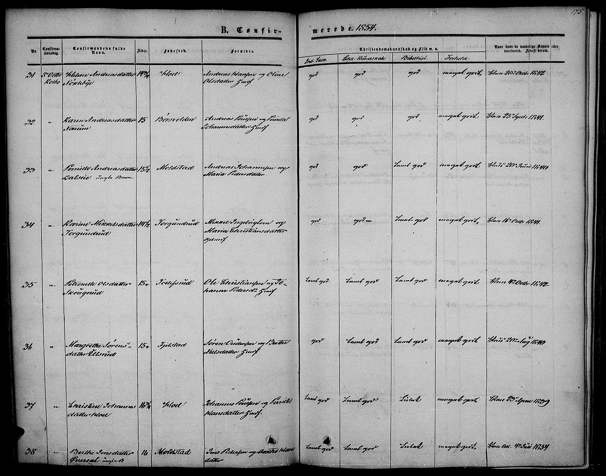 Vestre Toten prestekontor, SAH/PREST-108/H/Ha/Haa/L0005: Parish register (official) no. 5, 1850-1855, p. 175