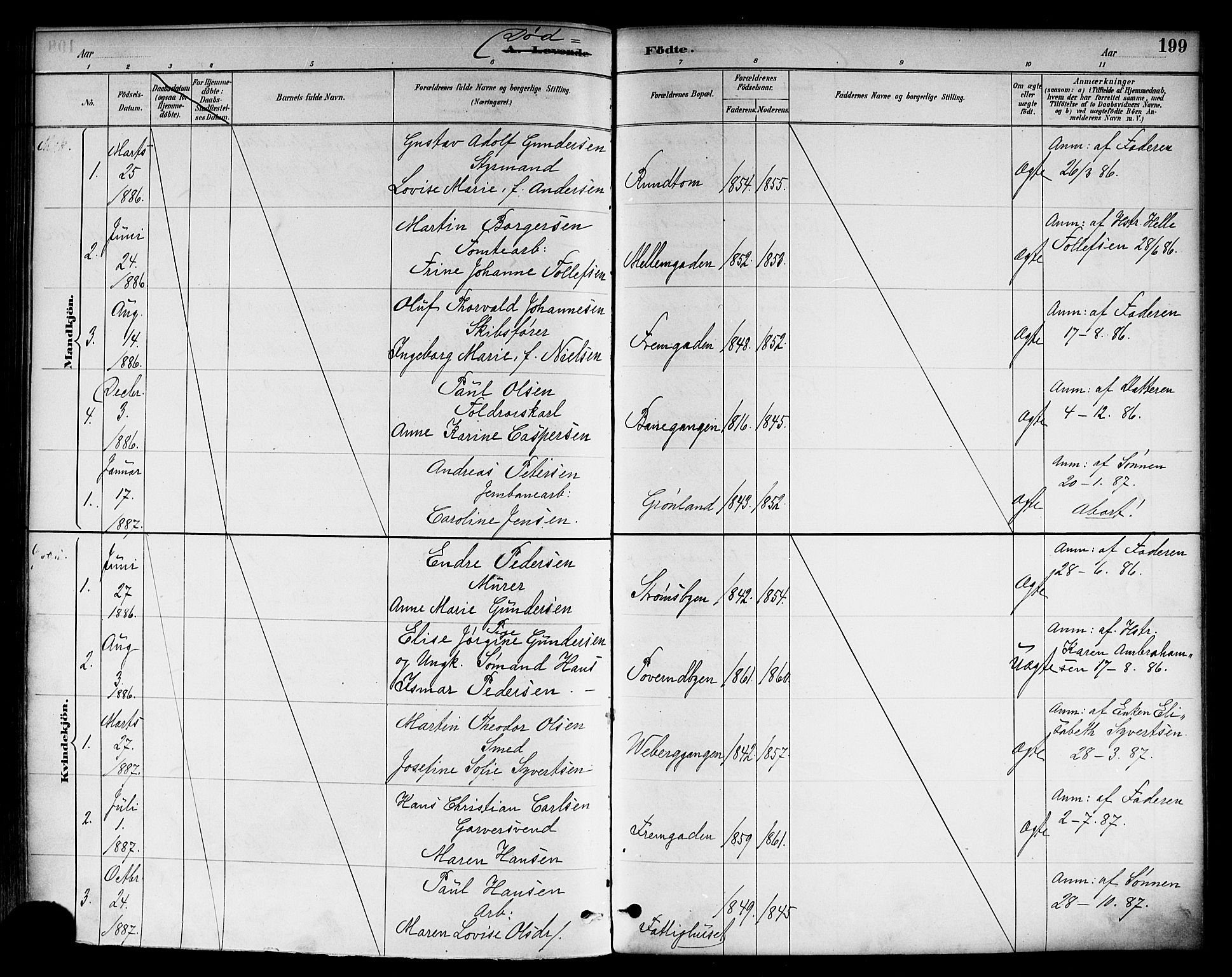 Strømsø kirkebøker, AV/SAKO-A-246/F/Fa/L0023: Parish register (official) no. I 23, 1885-1894, p. 199