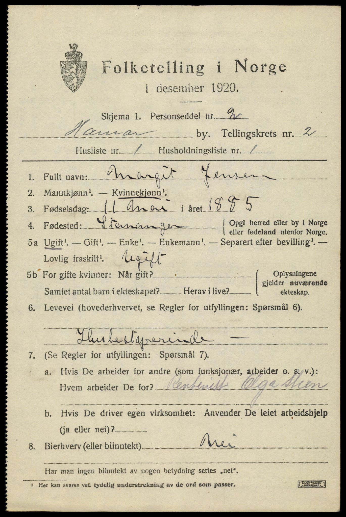 SAH, 1920 census for Hamar, 1920, p. 5759