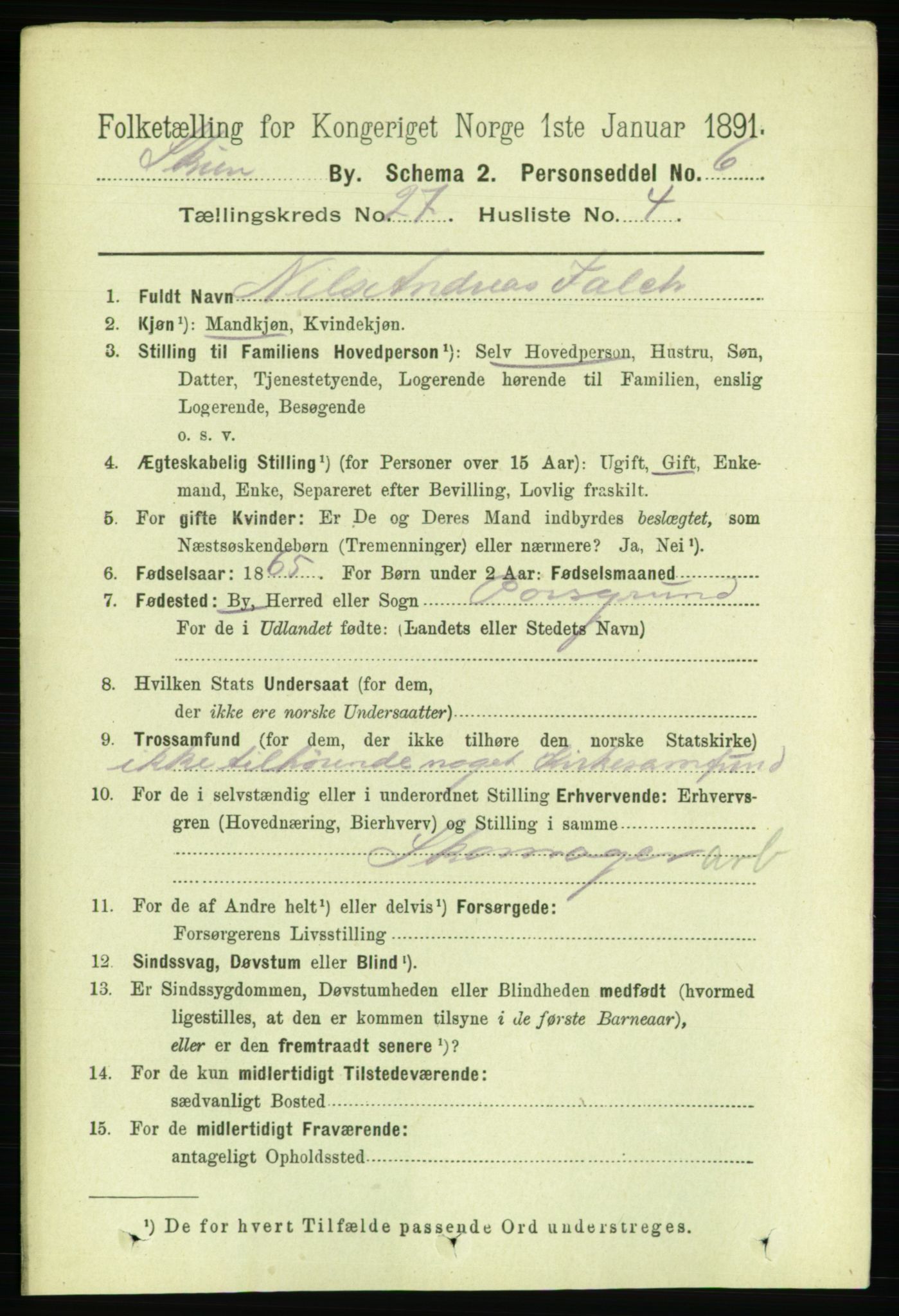 RA, 1891 census for 0806 Skien, 1891, p. 6368