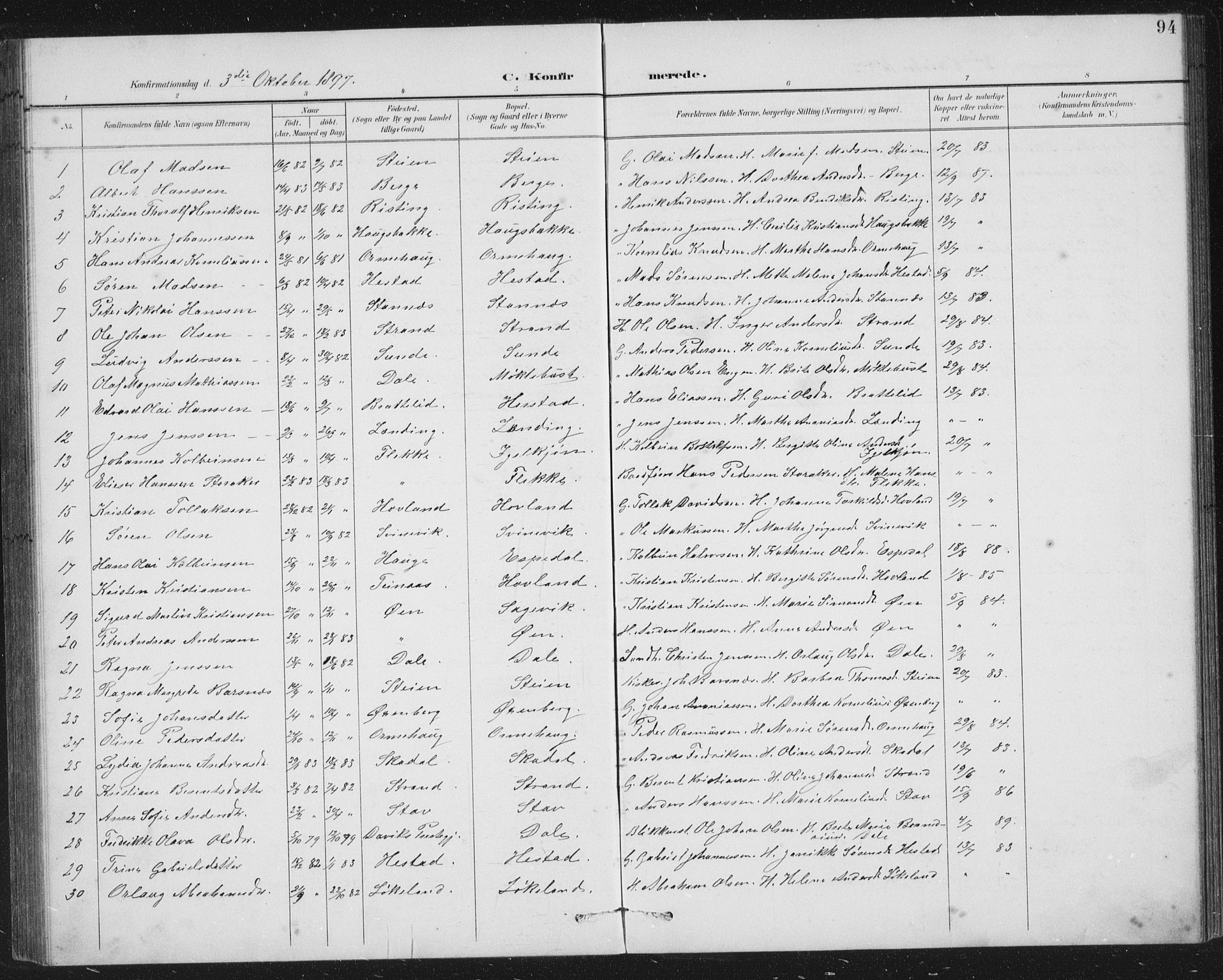Fjaler sokneprestembete, SAB/A-79801/H/Hab/Habc/L0003: Parish register (copy) no. C 3, 1894-1917, p. 94