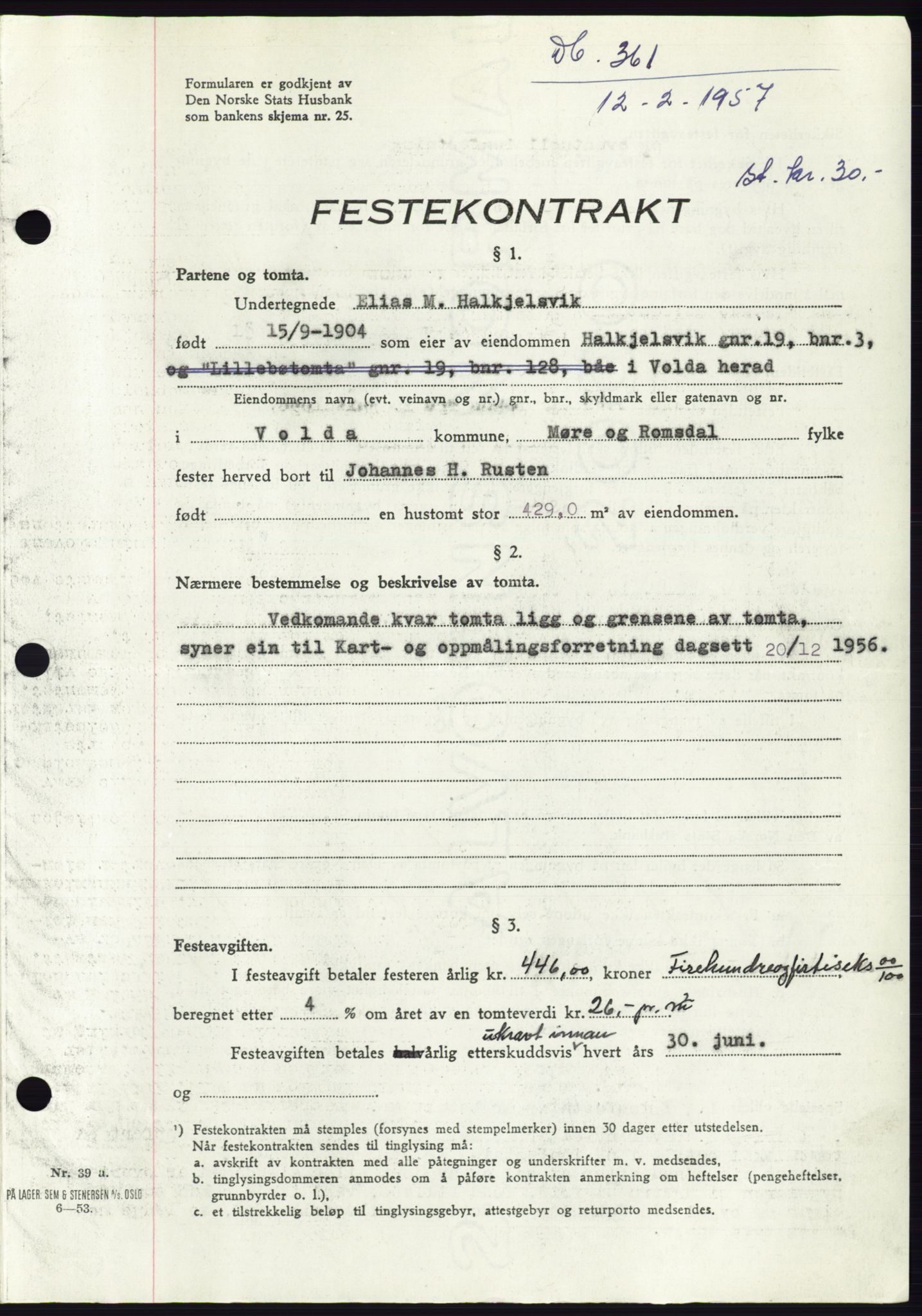 Søre Sunnmøre sorenskriveri, AV/SAT-A-4122/1/2/2C/L0105: Mortgage book no. 31A, 1956-1957, Diary no: : 361/1957