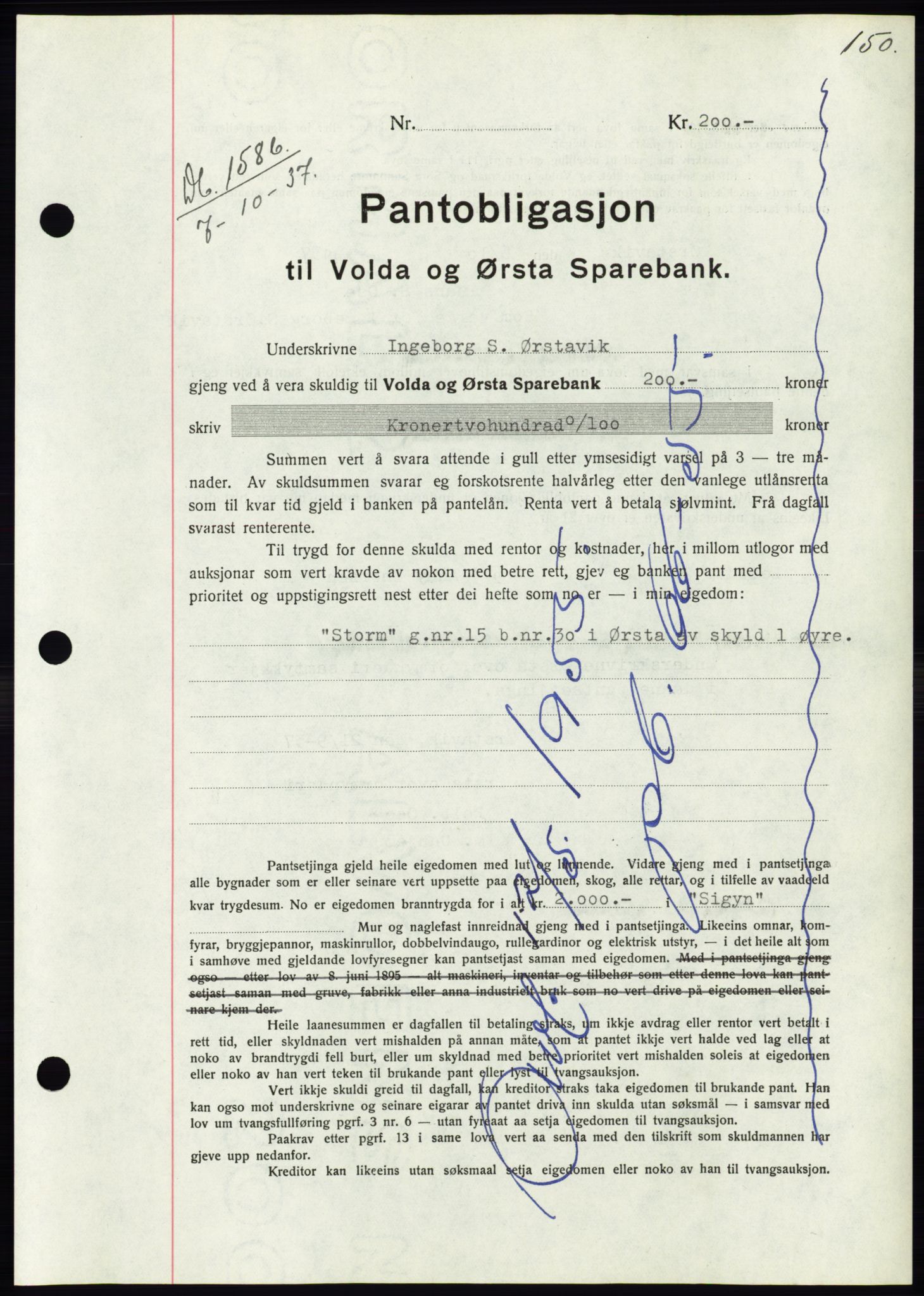 Søre Sunnmøre sorenskriveri, AV/SAT-A-4122/1/2/2C/L0064: Mortgage book no. 58, 1937-1938, Diary no: : 1586/1937