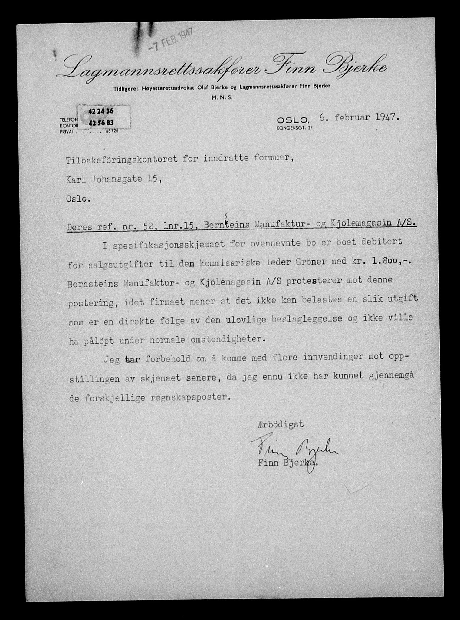 Justisdepartementet, Tilbakeføringskontoret for inndratte formuer, AV/RA-S-1564/H/Hc/Hcc/L0924: --, 1945-1947, p. 24