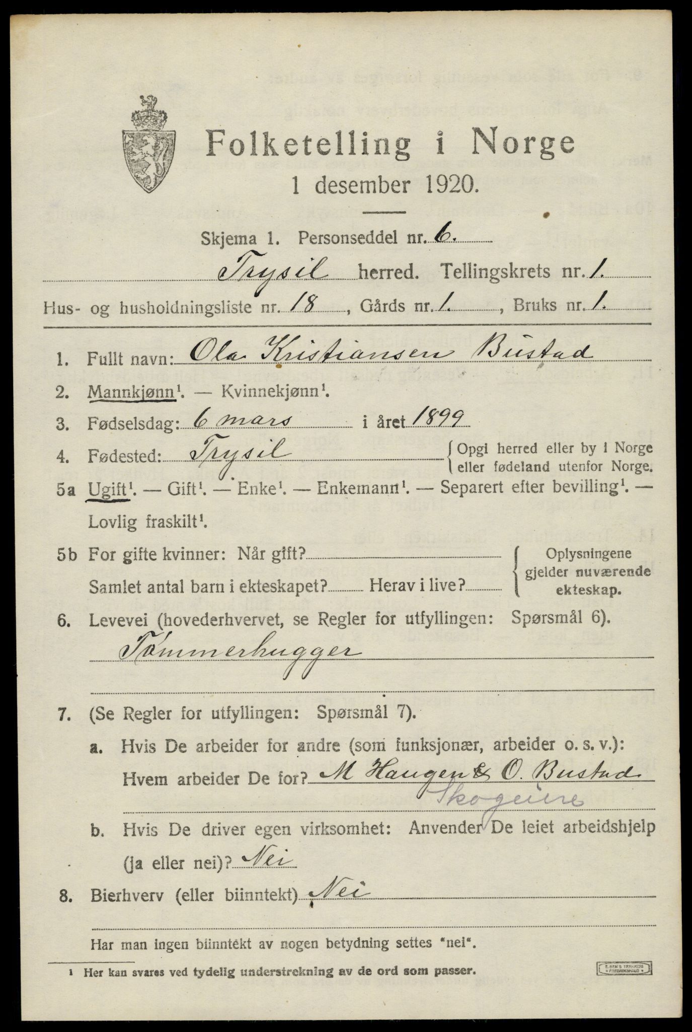 SAH, 1920 census for Trysil, 1920, p. 2771