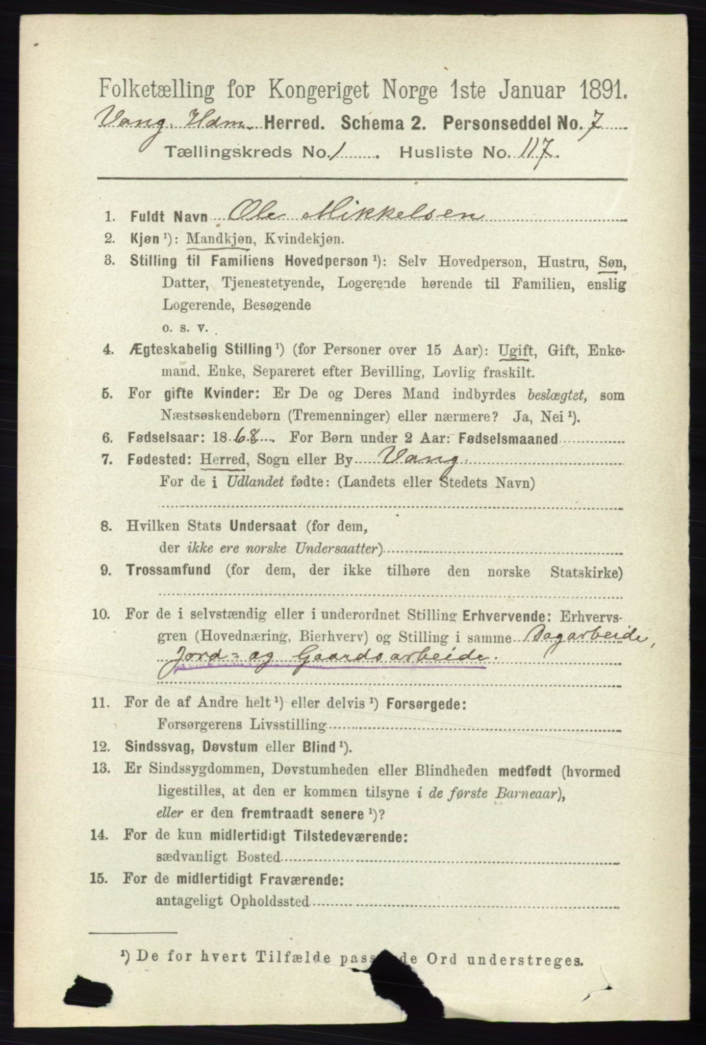 RA, 1891 census for 0414 Vang, 1891, p. 926