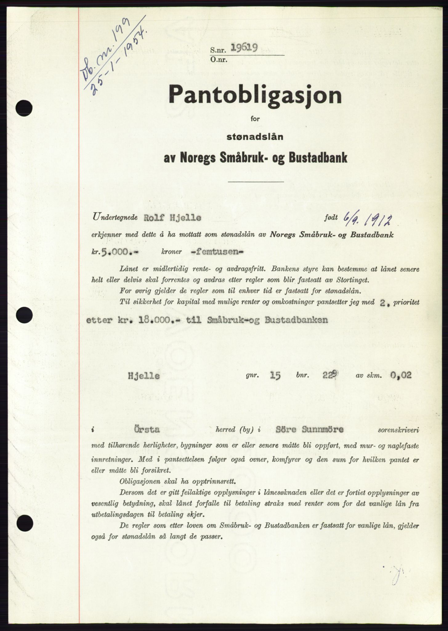 Søre Sunnmøre sorenskriveri, AV/SAT-A-4122/1/2/2C/L0124: Mortgage book no. 12B, 1953-1954, Diary no: : 199/1954