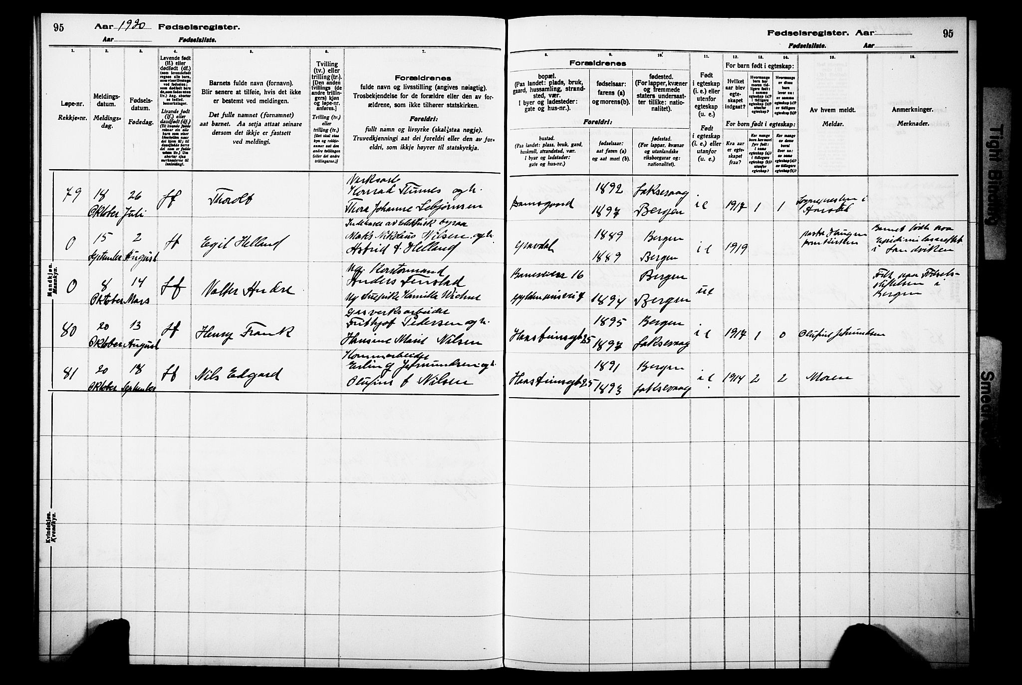 Laksevåg Sokneprestembete, AV/SAB-A-76501/I/Id/L00A1: Birth register no. A 1, 1916-1926, p. 95