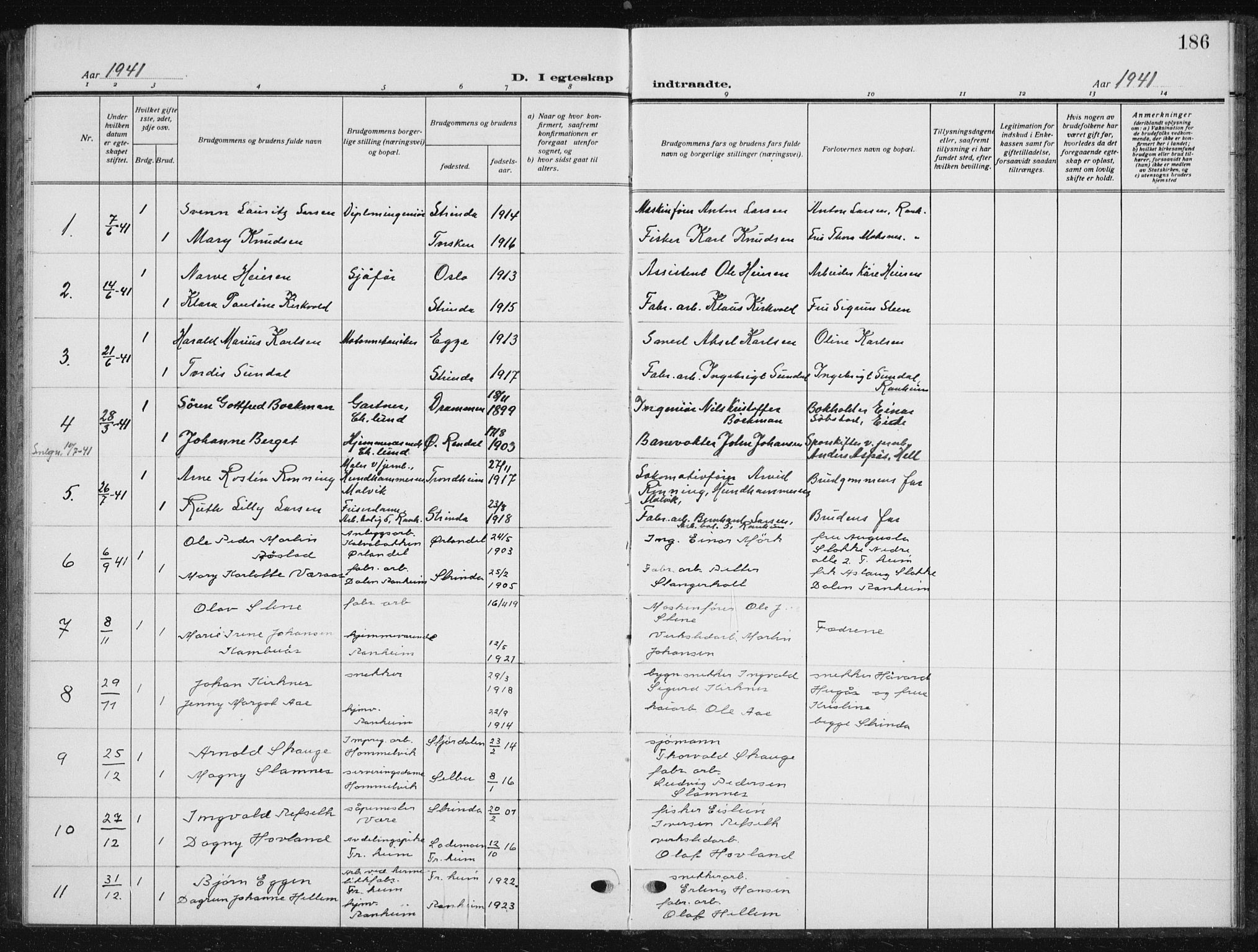 Ministerialprotokoller, klokkerbøker og fødselsregistre - Sør-Trøndelag, SAT/A-1456/615/L0401: Parish register (copy) no. 615C02, 1922-1941, p. 186