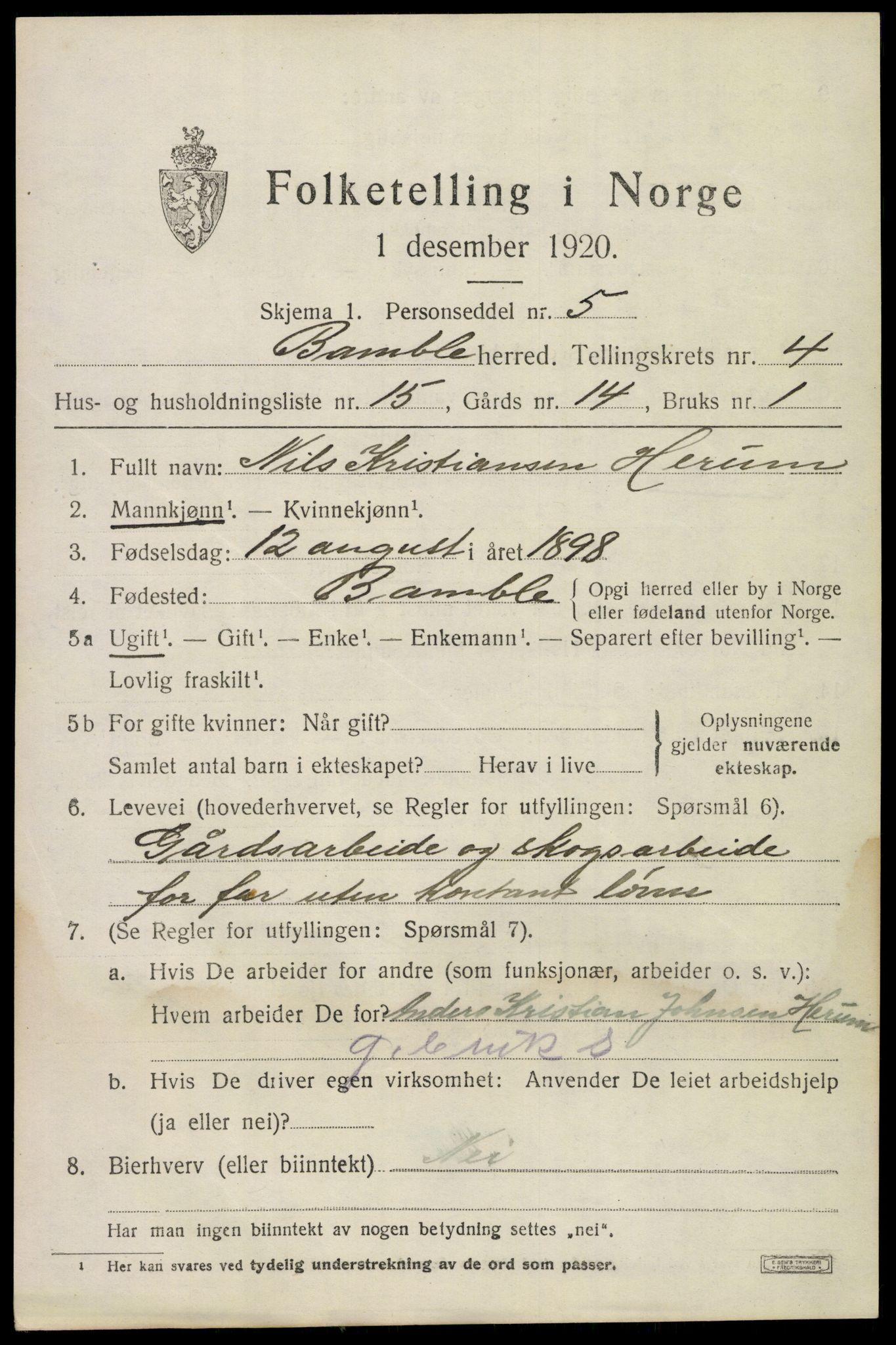 SAKO, 1920 census for Bamble, 1920, p. 4599