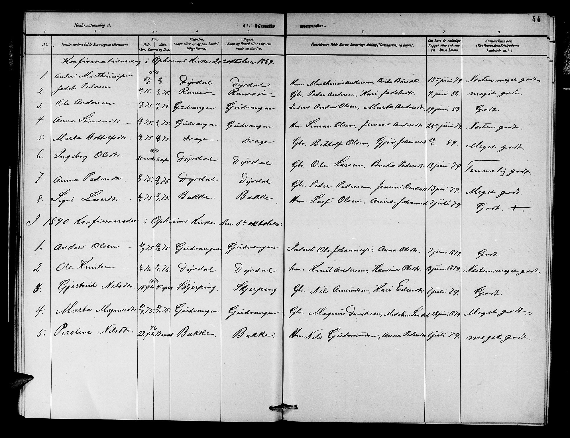 Aurland sokneprestembete, SAB/A-99937/H/Hb/Hbc/L0002: Parish register (copy) no. C 2, 1883-1900, p. 44