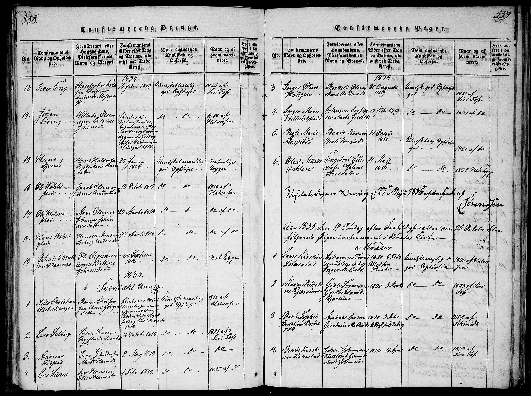 Våler prestekontor Kirkebøker, SAO/A-11083/G/Ga/L0001: Parish register (copy) no. I 1, 1815-1839, p. 558-559