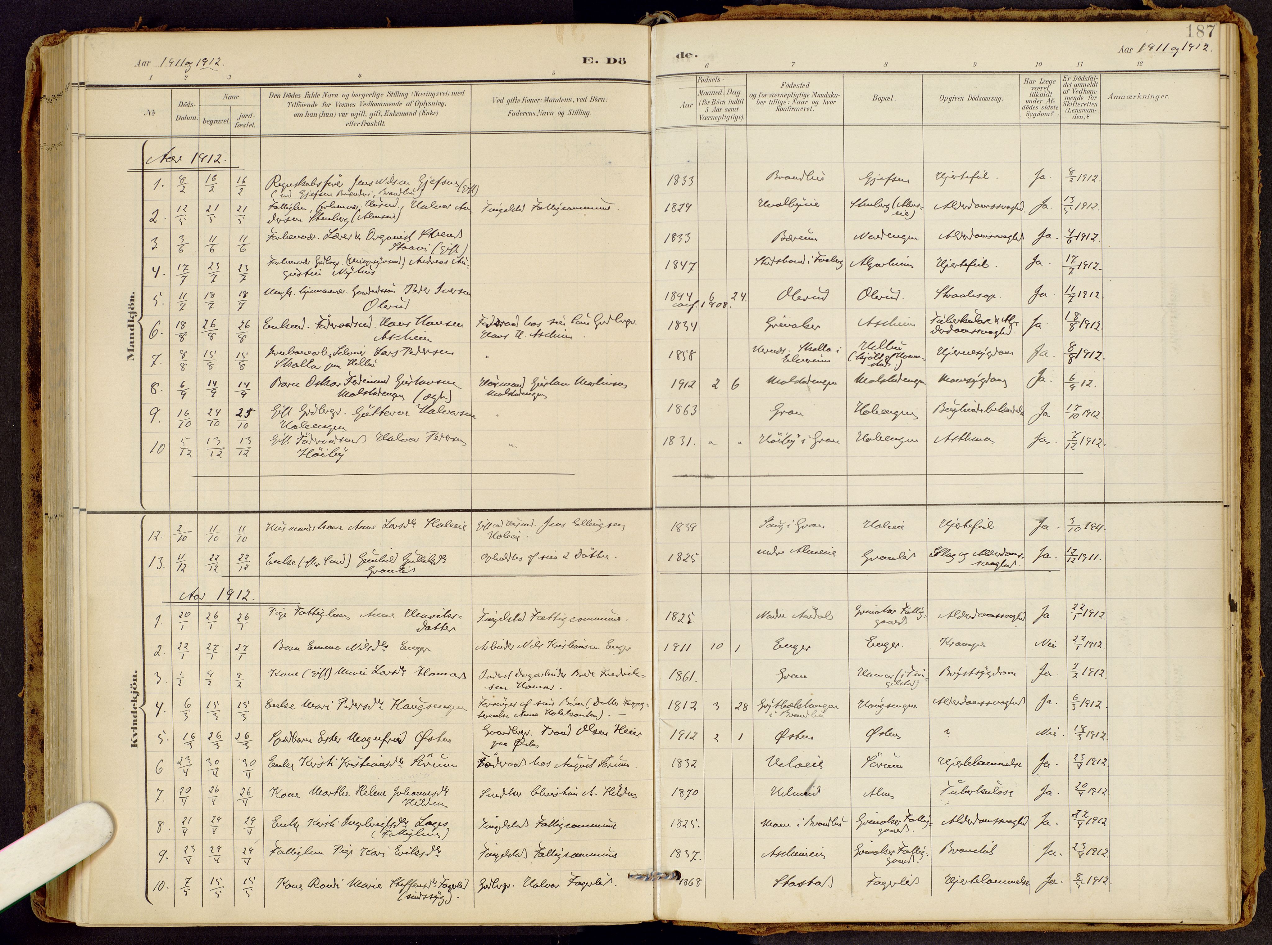 Brandbu prestekontor, SAH/PREST-114/H/Ha/Haa/L0002: Parish register (official) no. 2, 1899-1914, p. 187