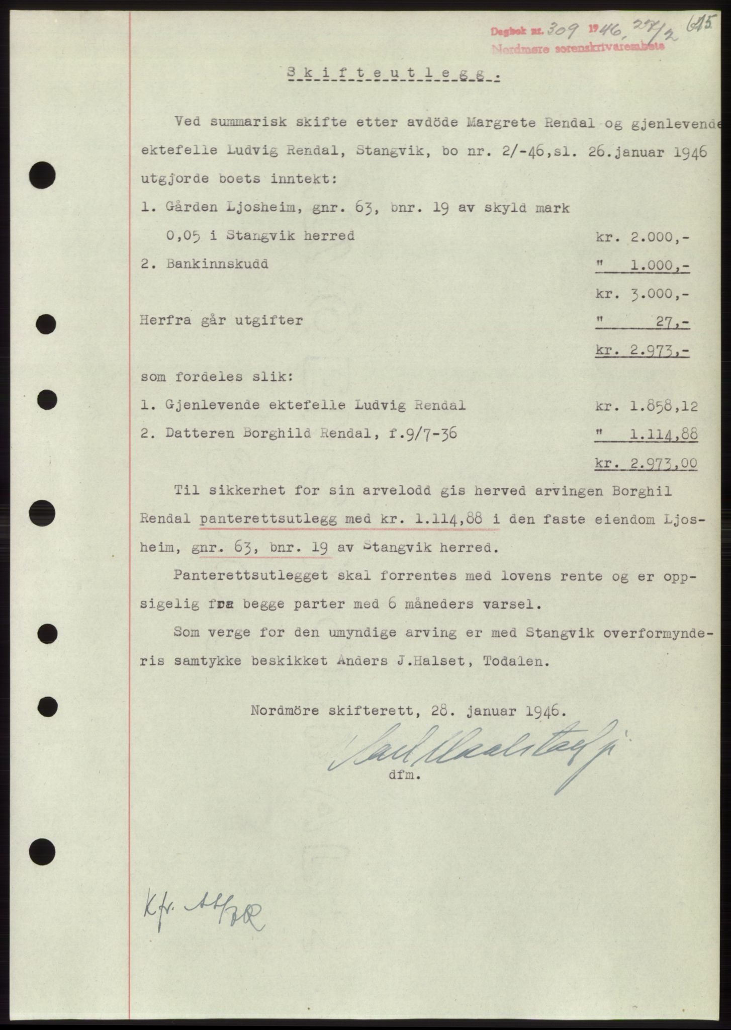 Nordmøre sorenskriveri, AV/SAT-A-4132/1/2/2Ca: Mortgage book no. B93b, 1946-1946, Diary no: : 309/1946