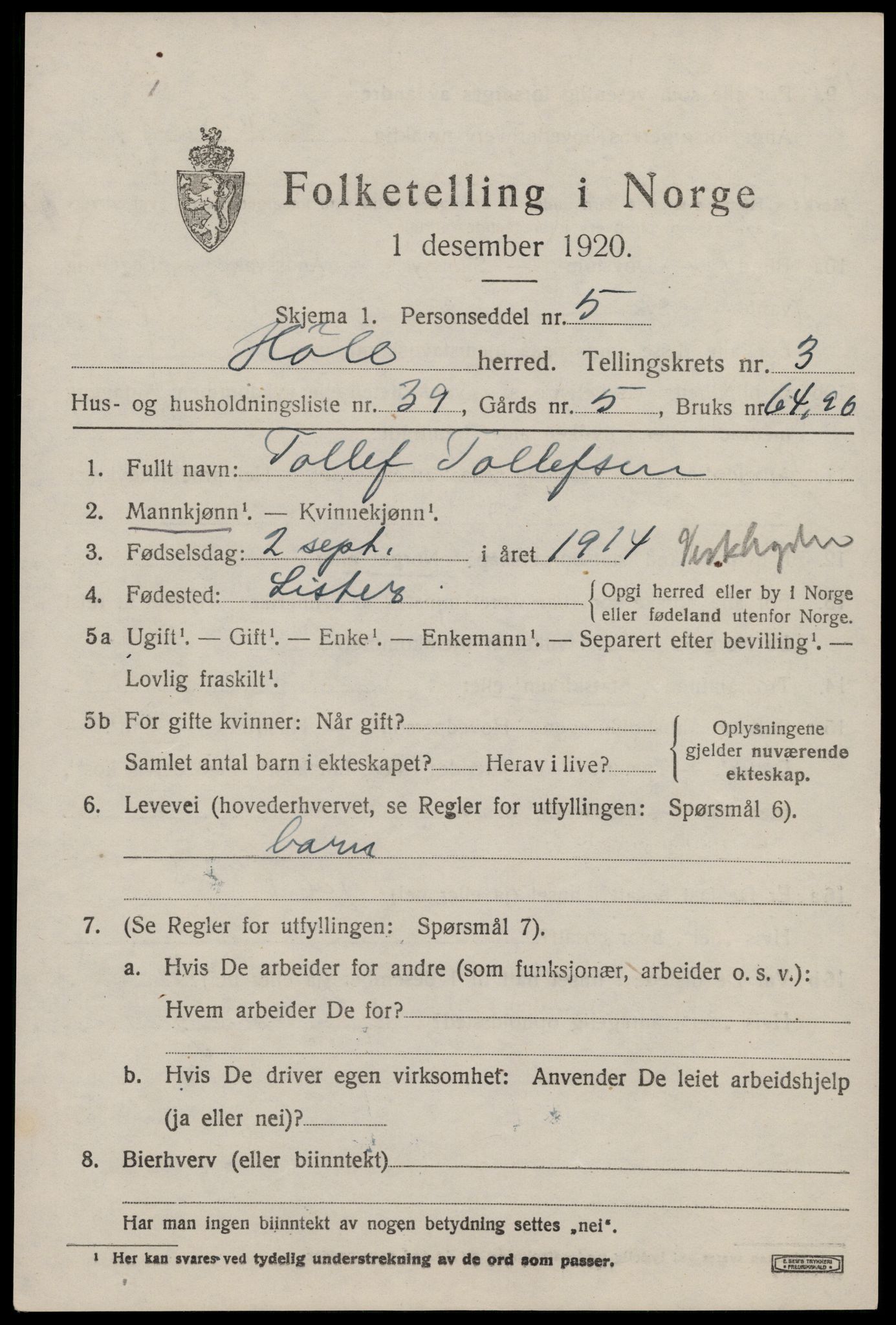 SAST, 1920 census for Høle, 1920, p. 1357