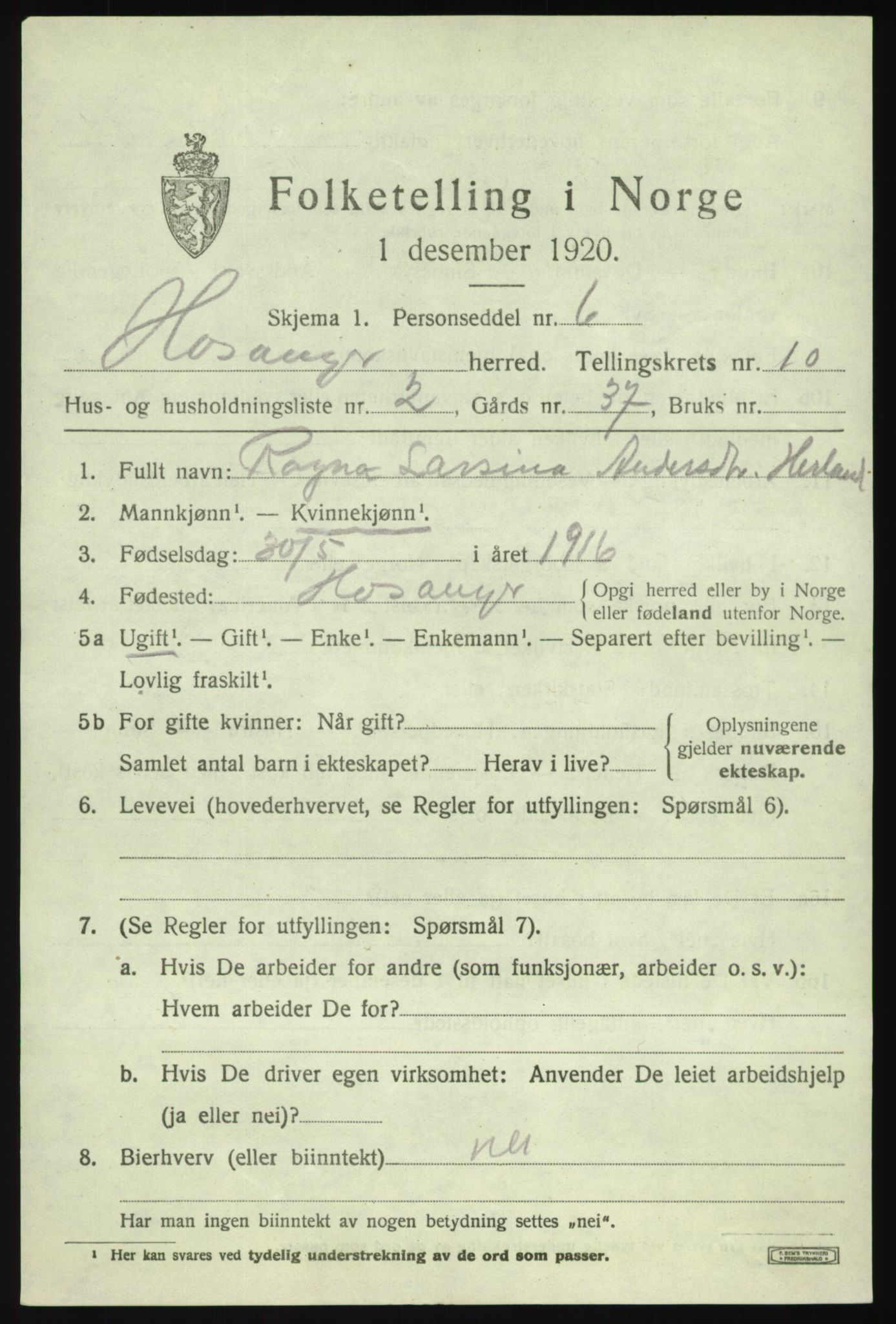 SAB, 1920 census for Hosanger, 1920, p. 4221