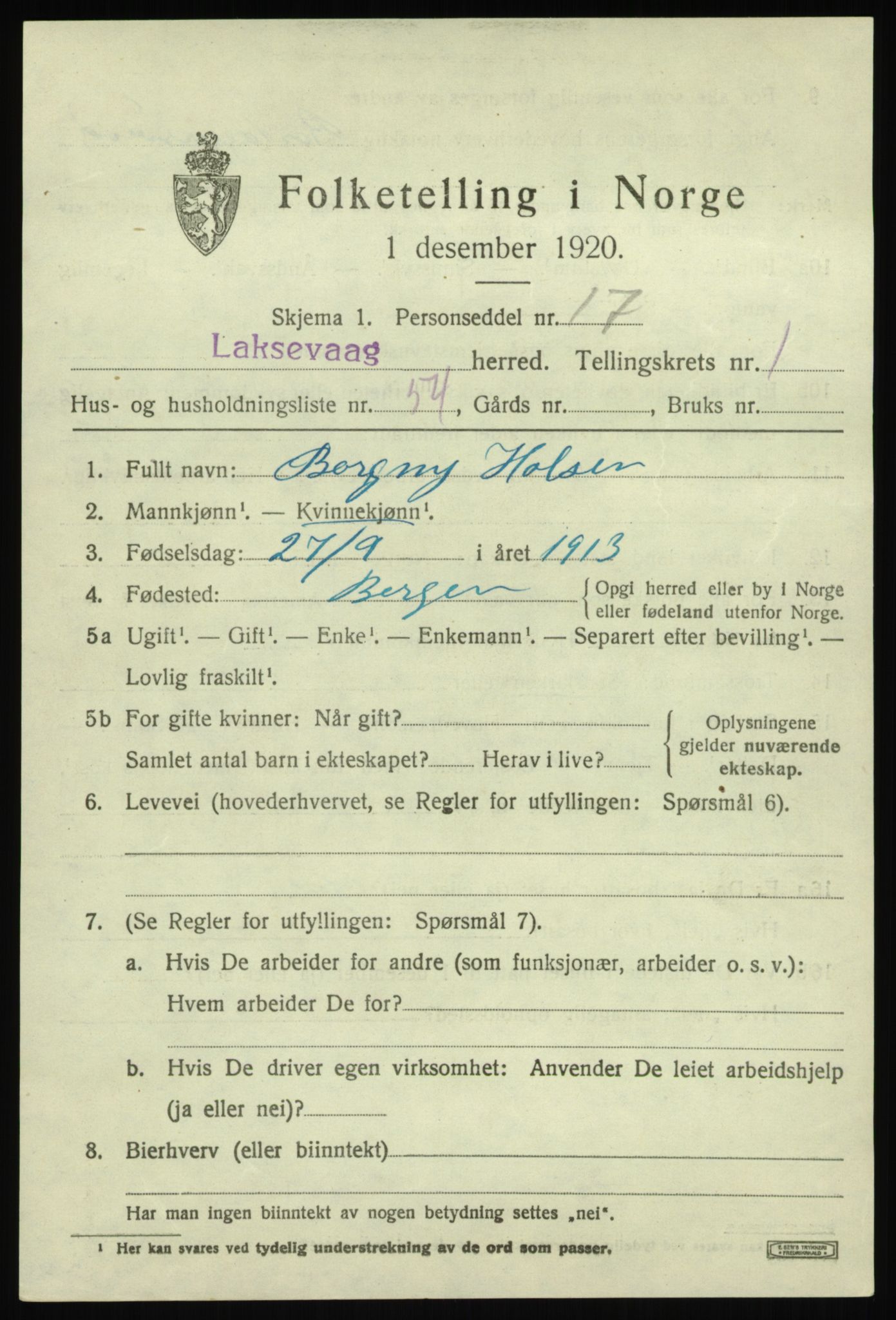 SAB, 1920 census for Laksevåg, 1920, p. 3800