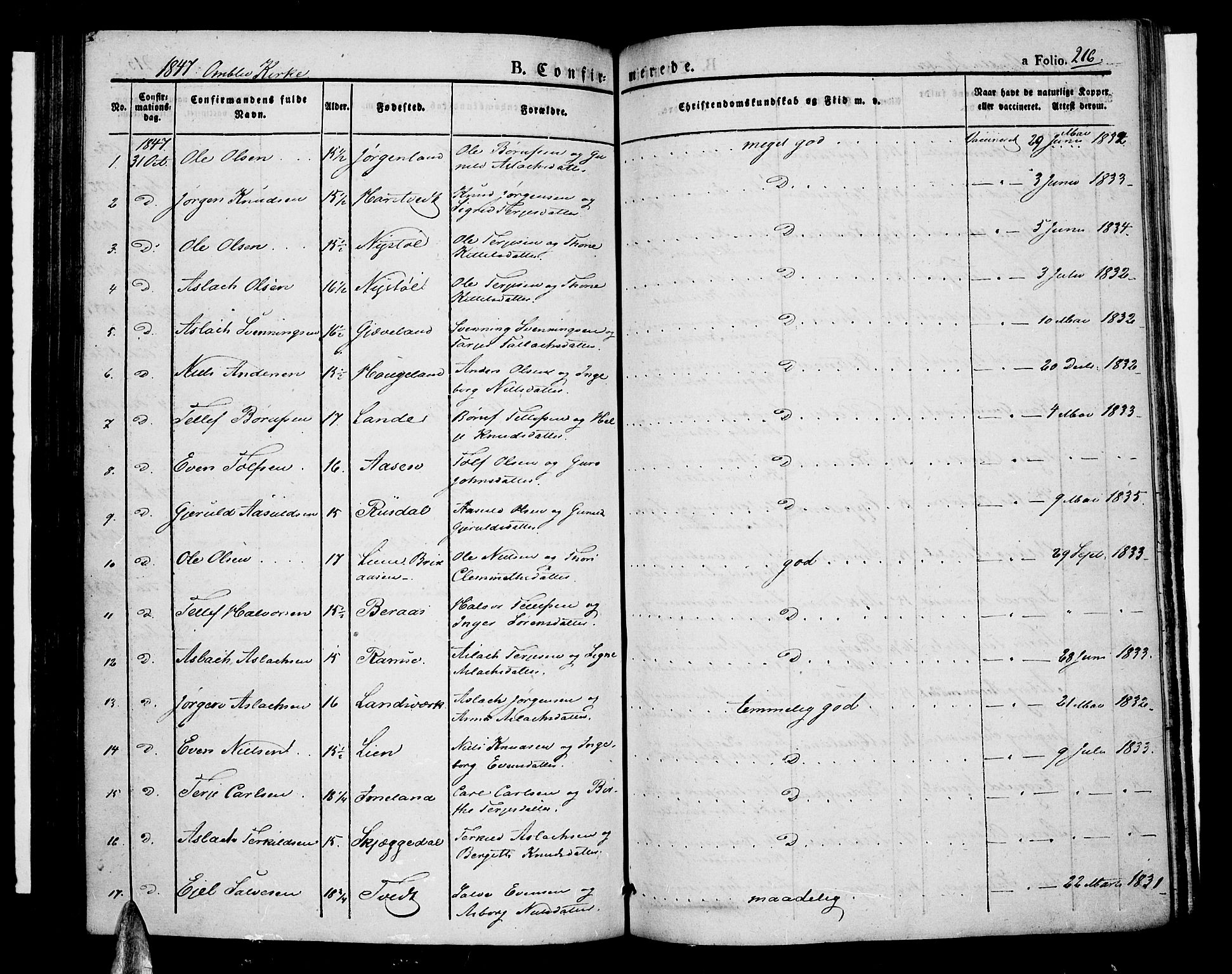 Åmli sokneprestkontor, AV/SAK-1111-0050/F/Fa/Fac/L0007: Parish register (official) no. A 7 /1, 1829-1851, p. 216