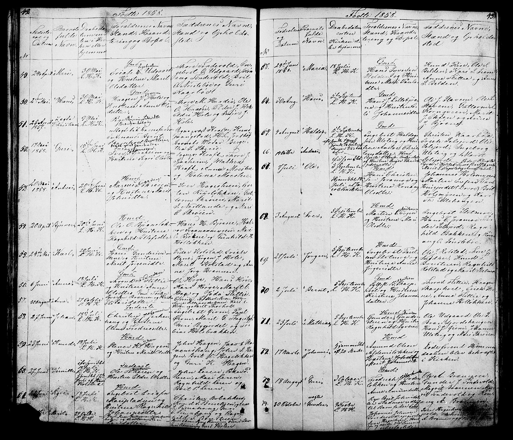 Lesja prestekontor, SAH/PREST-068/H/Ha/Hab/L0005: Parish register (copy) no. 5, 1850-1894, p. 42-43