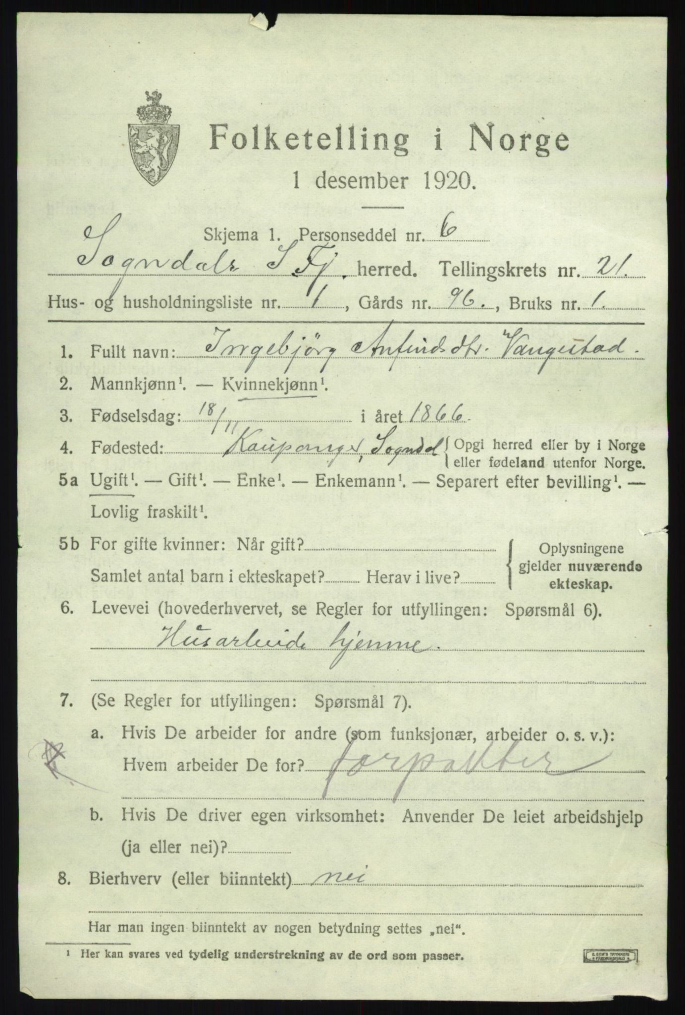 SAB, 1920 census for Sogndal, 1920, p. 7711