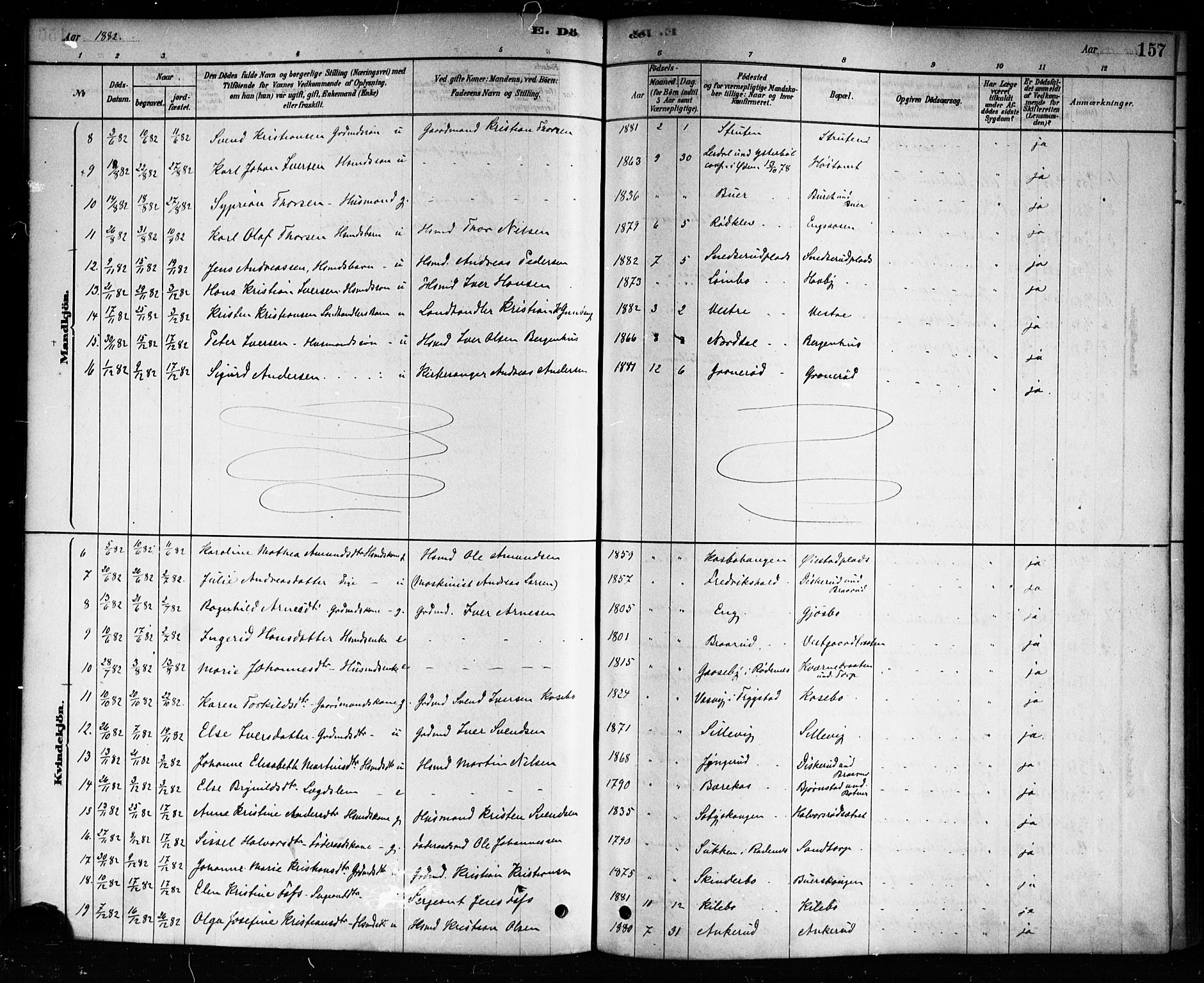 Aremark prestekontor Kirkebøker, SAO/A-10899/F/Fb/L0004: Parish register (official) no. II 4, 1878-1895, p. 157